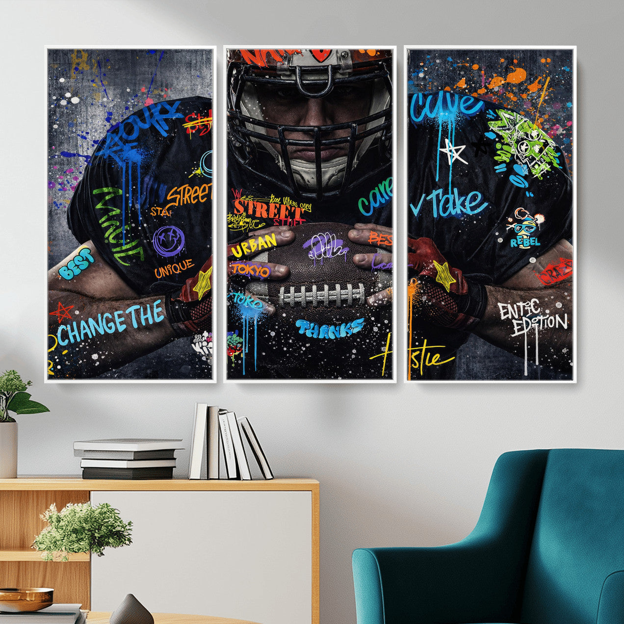 55267256-MGV-CV-36X24 - Graffiti American Football Player Street Art Wall Art Canvas Print, Urban Sports Pop Art Football Canvas Print, Modern Athletic Graffiti Contemporary Art Printing