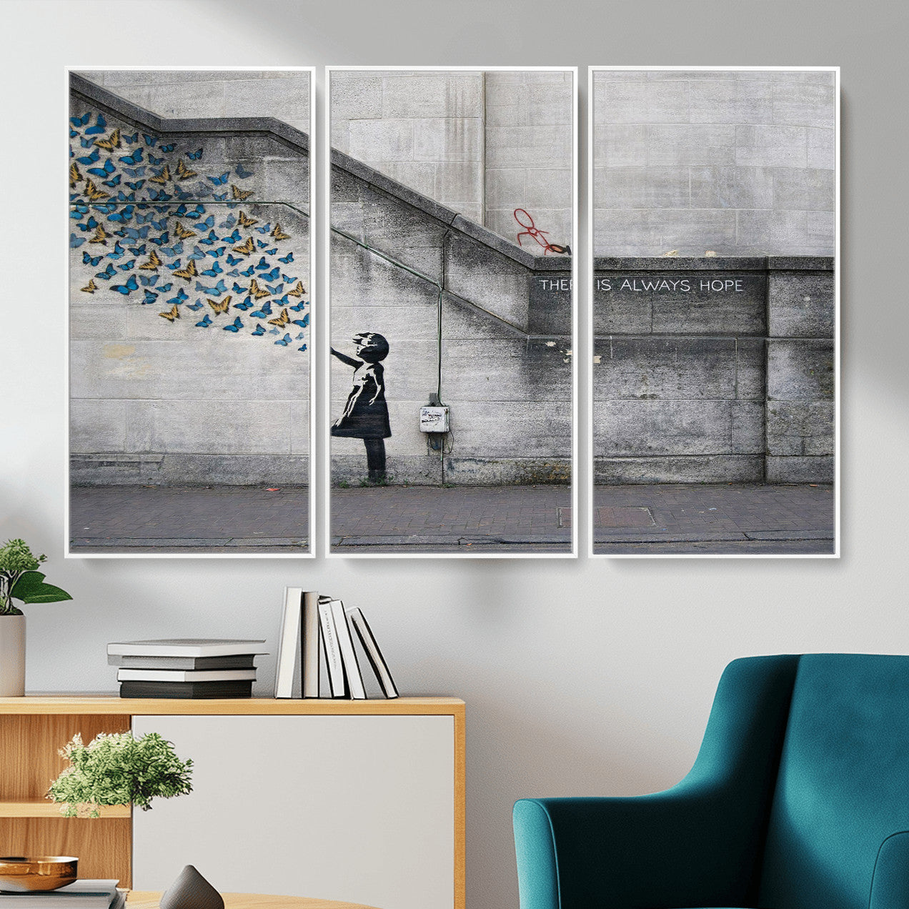 15274223-MGV-CV-36X24 - Banksy Girl with Butterflies Street Art Wall Art Canvas Print, Hope Graffiti Urban Art Canvas Print, Minimalist Inspirational Street Art Contemporary Art Printing