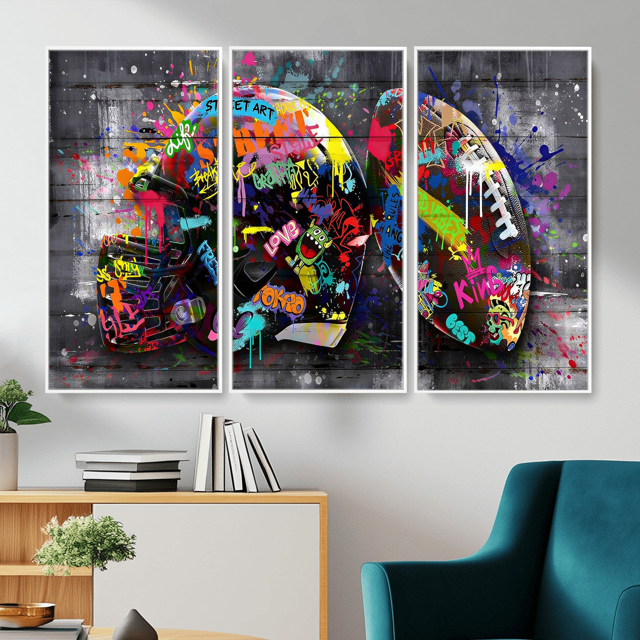 80540773-MGV-CV-36X24 - Graffiti American Football Helmet Street Art Wall Art Canvas Print, Urban Sports Pop Art Football Canvas Print, Colorful Graffiti Sports Contemporary Art Printing
