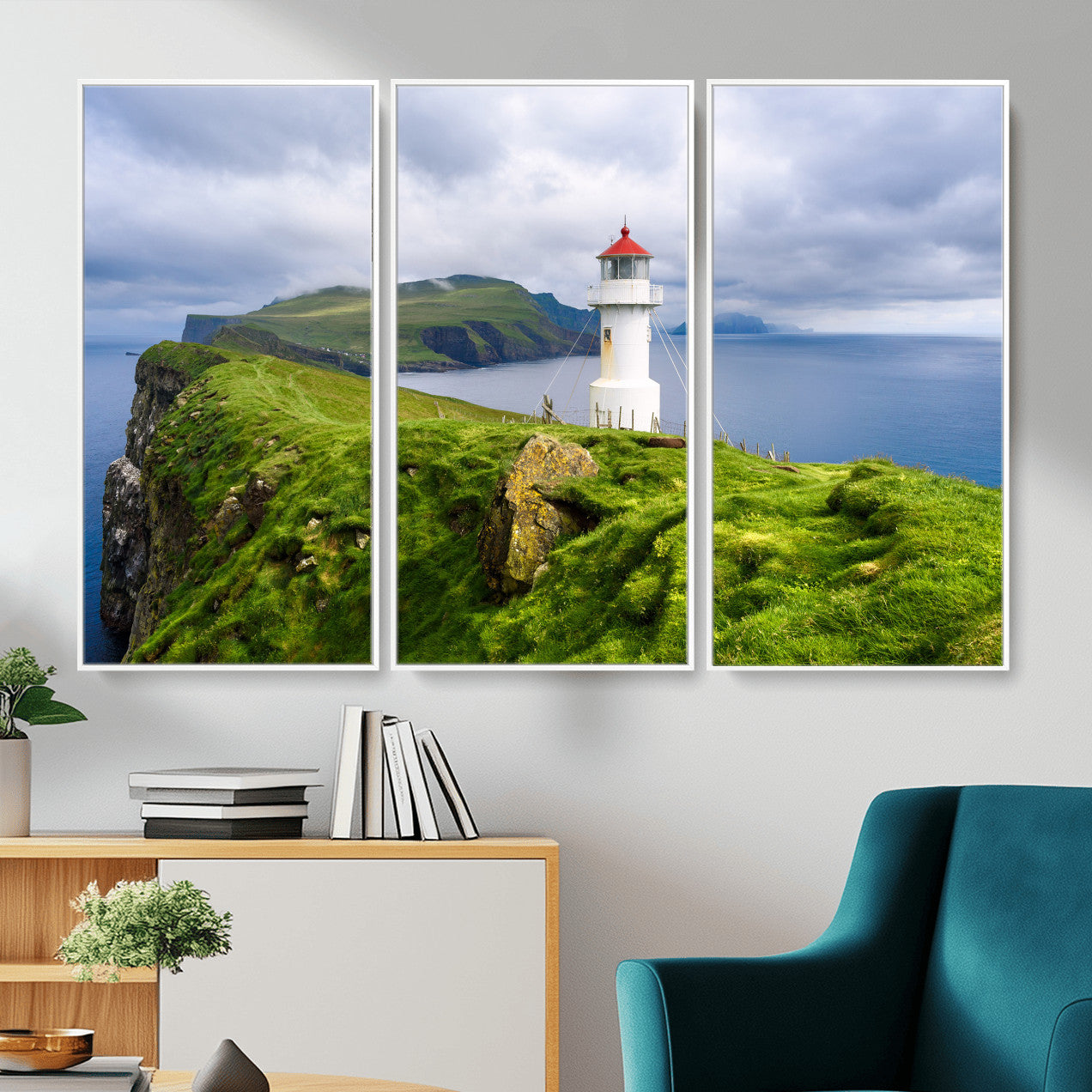 10680390-MGV-CV-36X24 - Coastal Lighthouse Wall Art Canvas Print, Cliffside Ocean Landscape Canvas Print, Scandinavian Coastal Decor for Living Room