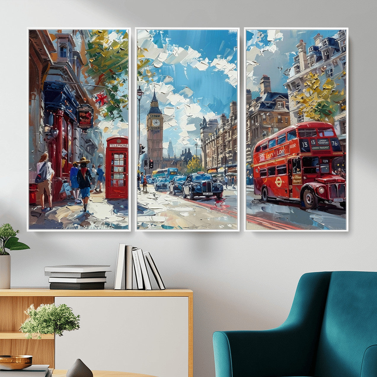 17630888-MGV-CV-36X24 - London Street Canvas Wall Art — Big Ben Red Bus Print | Oil Painting Style | UK City Wall Decor | Travel Art Gift | Living Room Print