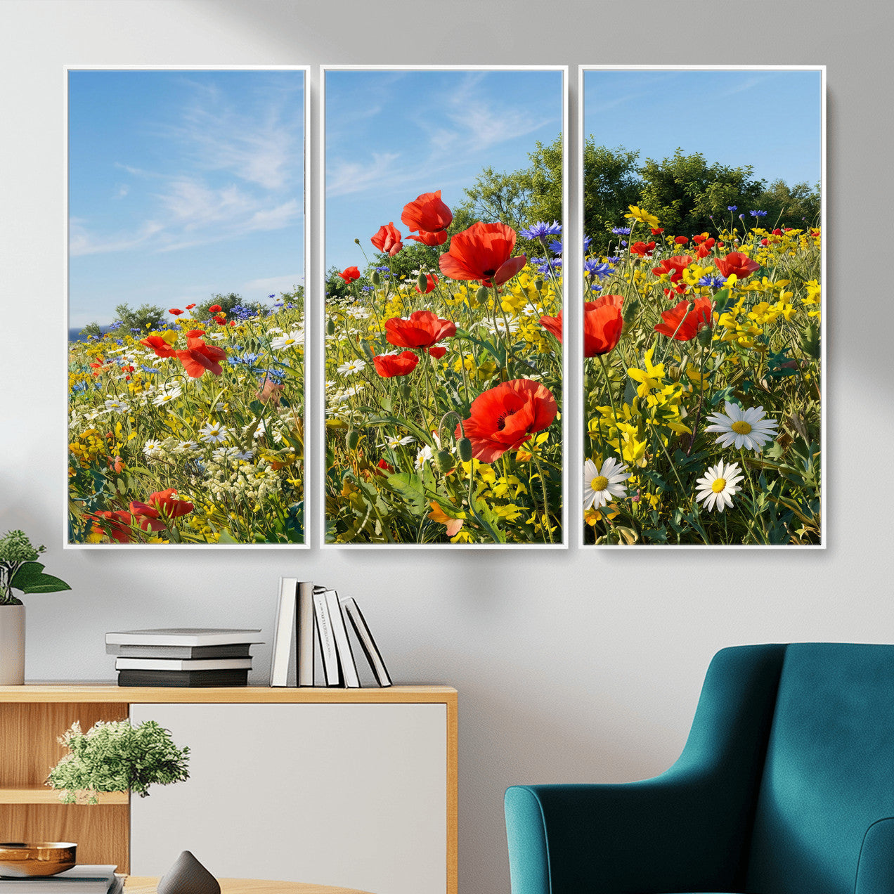 38570784-MGV-CV-36X24 - Wildflower Meadow Wall Art Canvas Print – Colorful Poppy and Daisy Field Landscape Artwork for Living Room Decor