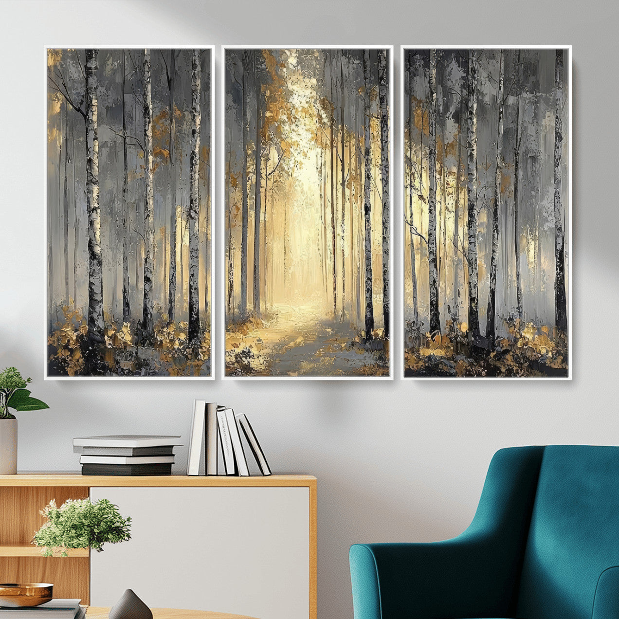41017042-MGV-CV-36X24 - Abstract Birch Forest Wall Art Canvas Print – Modern Neutral Woodland Landscape Artwork for Living Room Decor