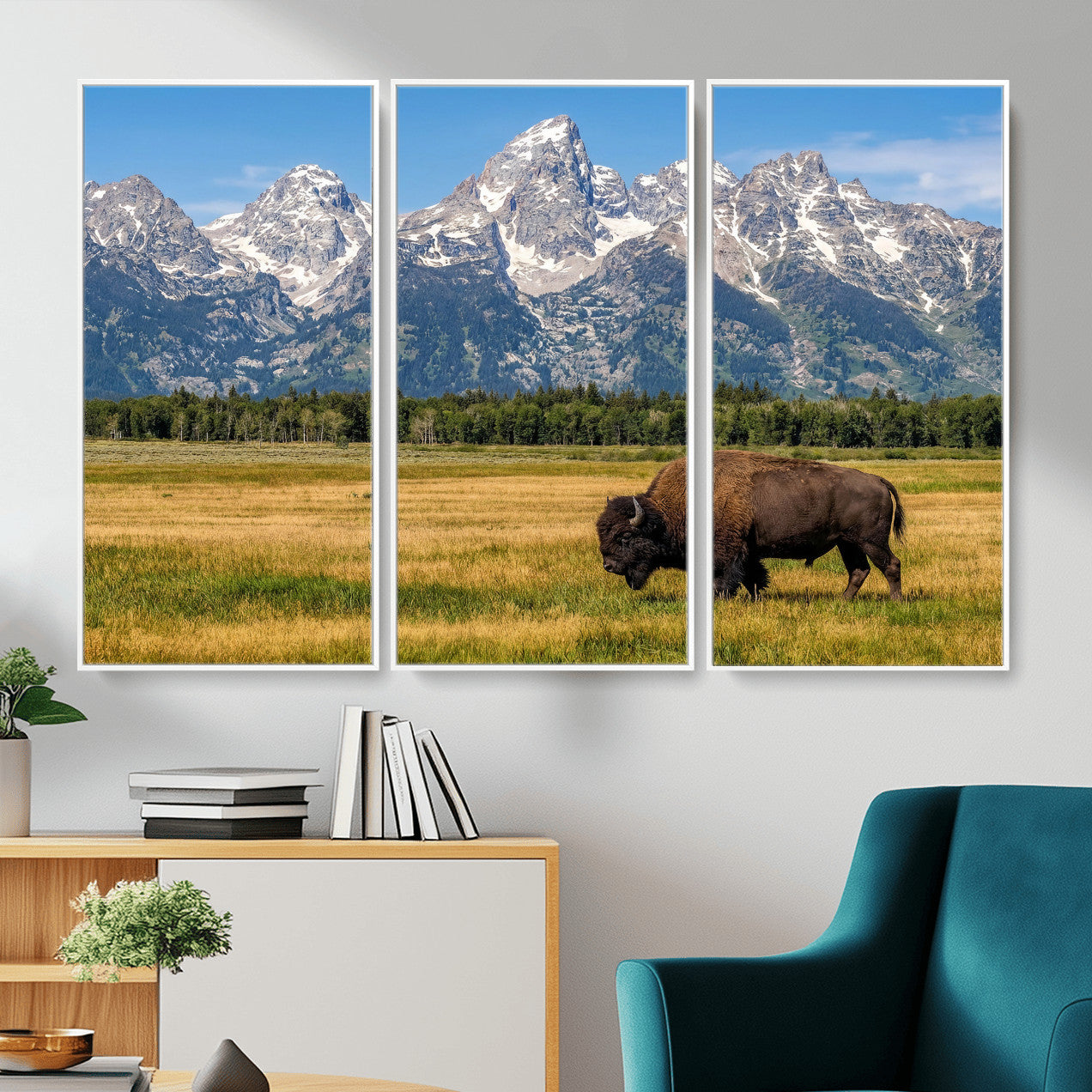 20424529-MGV-CV-36X24 - Bison in Mountain Landscape Wall Art Canvas Print – Western Wildlife Artwork for Rustic Living Room Decor