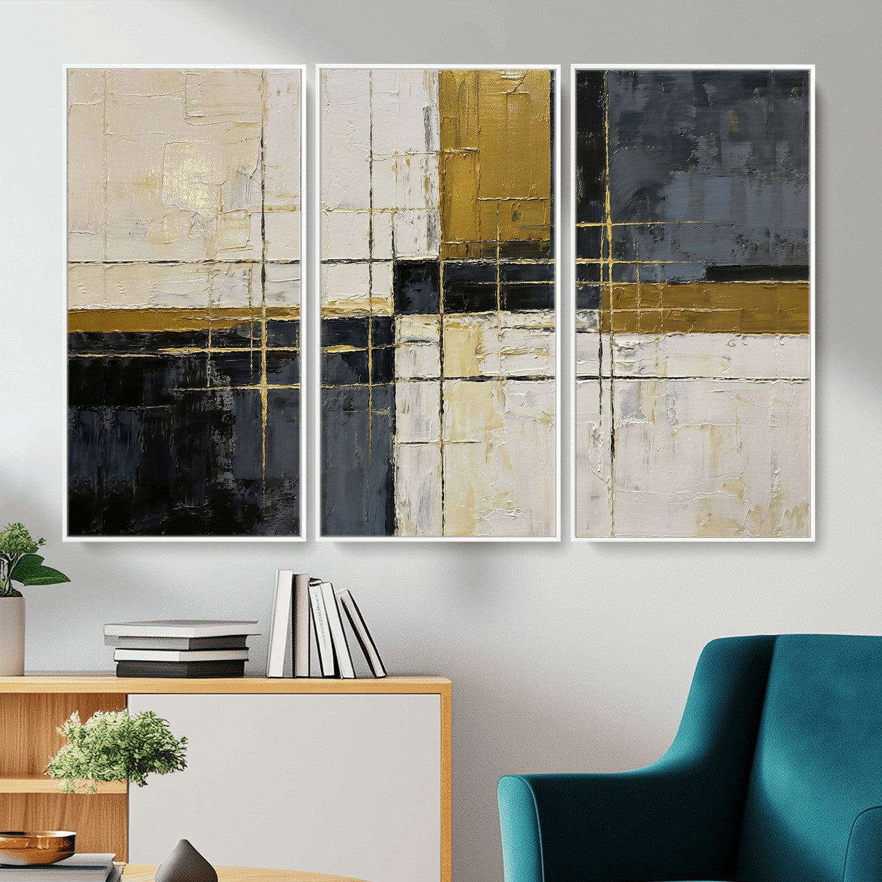 36097945-MGV-CV-36X24 - Abstract Gold and Black Wall Art Canvas Print – Modern Geometric Neutral Artwork for Living Room Decor