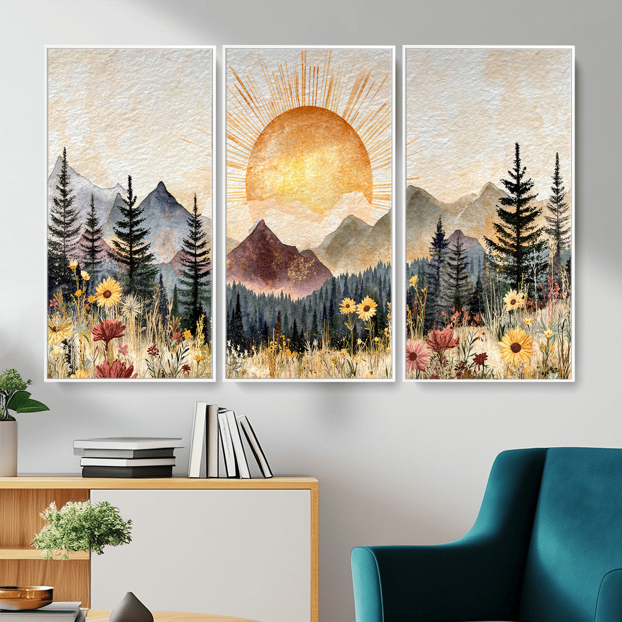 69025244-MGV-CV-36X24 - Boho Mountain Landscape Large Wall Art, Horizontal Gold Framed Canvas Print with Sun and Flowers