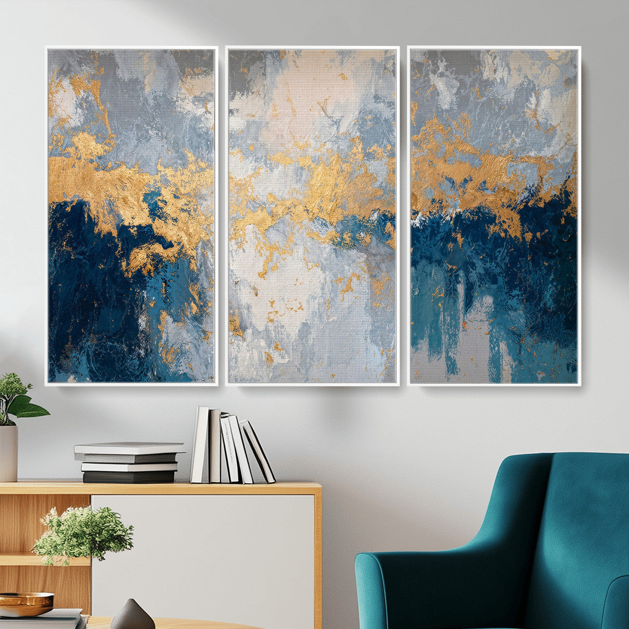 65386119-MGV-CV-36X24 - Blue Gold Abstract Large Framed Canvas Wall Art, Modern Luxury Painting Print in Horizontal Oversized Minimal Wall Decor Artwork