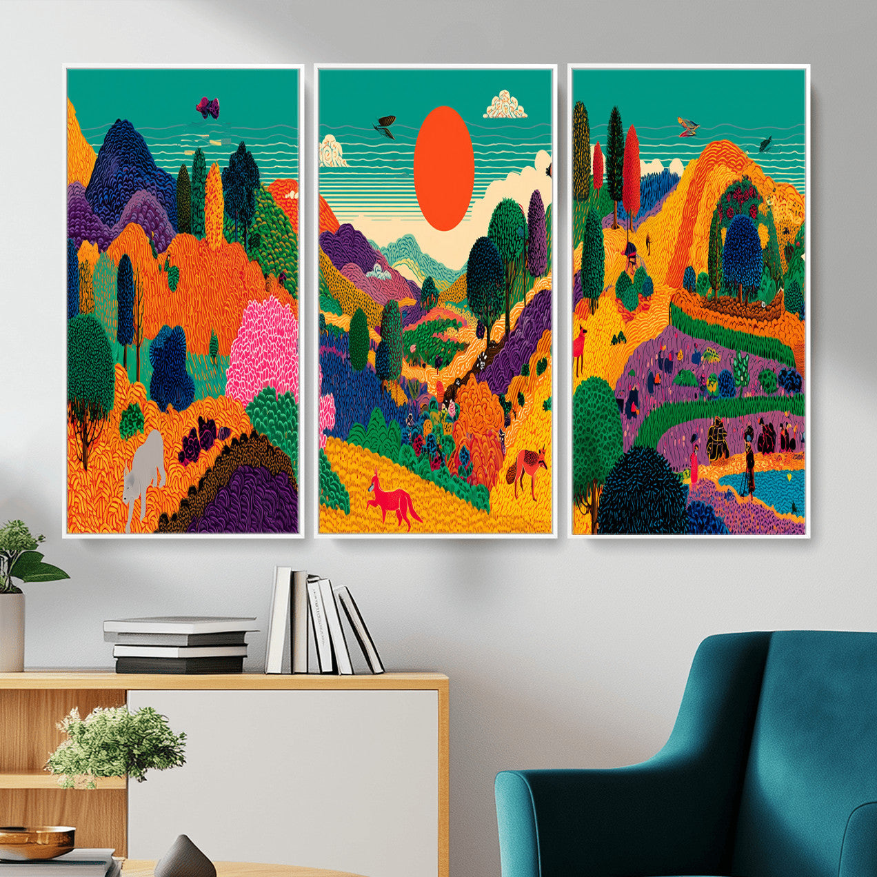 45710397-MGV-CV-48X32-3P - Colorful Japanese Landscape Print: Maximalist Panoramic Wall Art