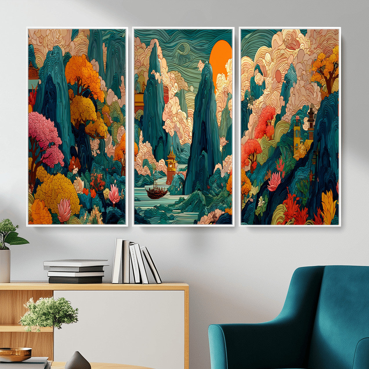 90422518-MGV-CV-48X32-3P - Colorful Japanese Landscape Print: Maximalist Panoramic Wall Art