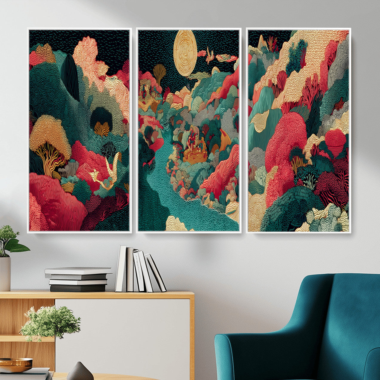 36816259-MGV-CV-48X32-3P - Colorful Japanese Landscape Print: Maximalist Panoramic Wall Art