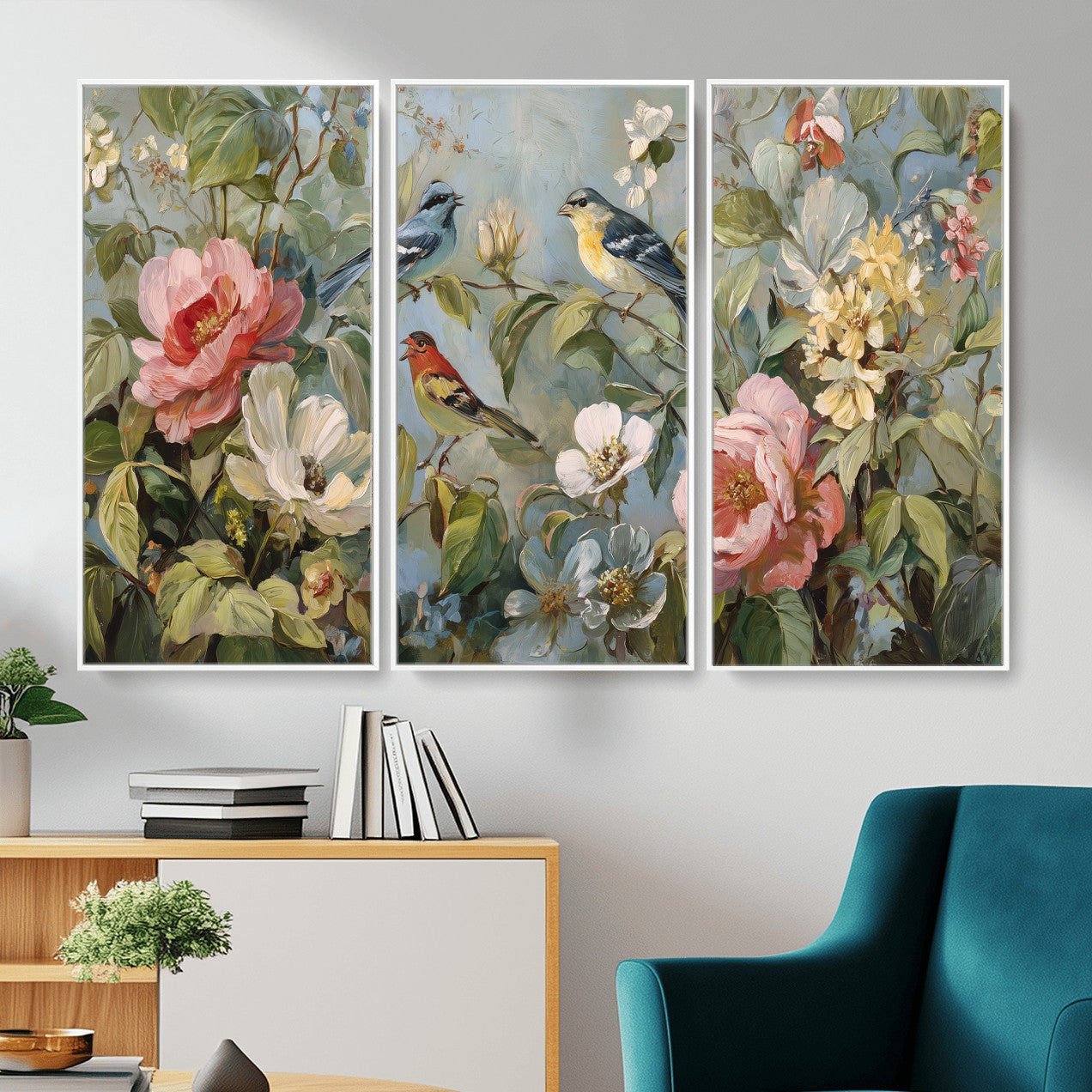 55440837-MGV-CV-36X24 - Vintage Birds and Flowers Wall Art Canvas Print, Botanical Bird Painting Canvas Print, Floral Garden Bird Artwork Canvas Print, Classic Bird Flower Painting Canvas Print