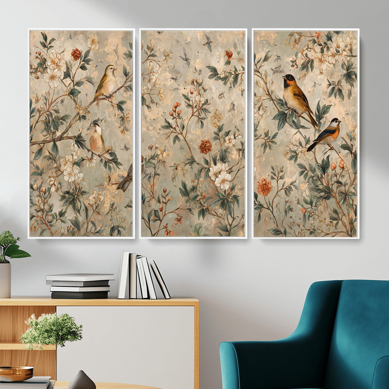76588438-MGV-CV-36X24 - Vintage Birds and Flowers Wall Art Canvas Print, Botanical Bird Painting Canvas Print, Floral Garden Bird Artwork Canvas Print, Classic Bird Flower Painting Canvas Print