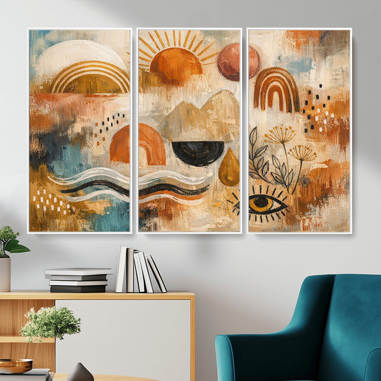 52155239-MGV-CV-36X24 - Geometric Boho Abstract Wall Art Canvas Print, Orange Blue Abstract Expressionist Painting Print, Modern Geometric Abstract Canvas Art