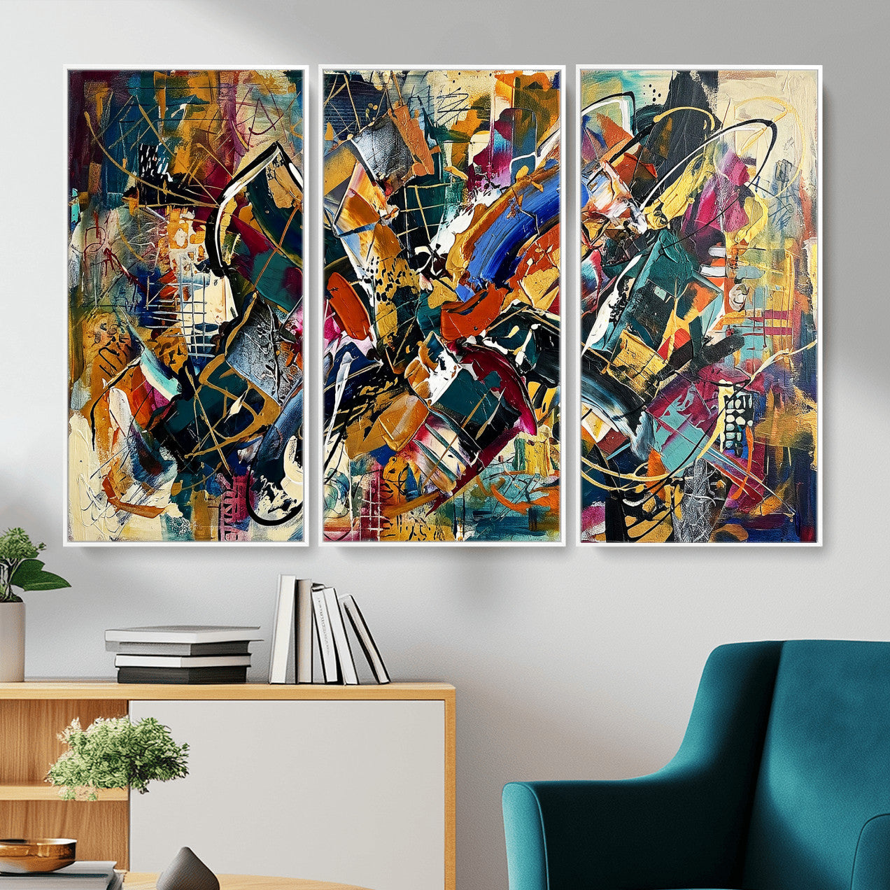 15525527-MGV-CV-36X24 - Geometric Abstract Wall Art Canvas Print, Orange Blue Abstract Expressionist Painting Print, Modern Geometric Abstract Canvas Art