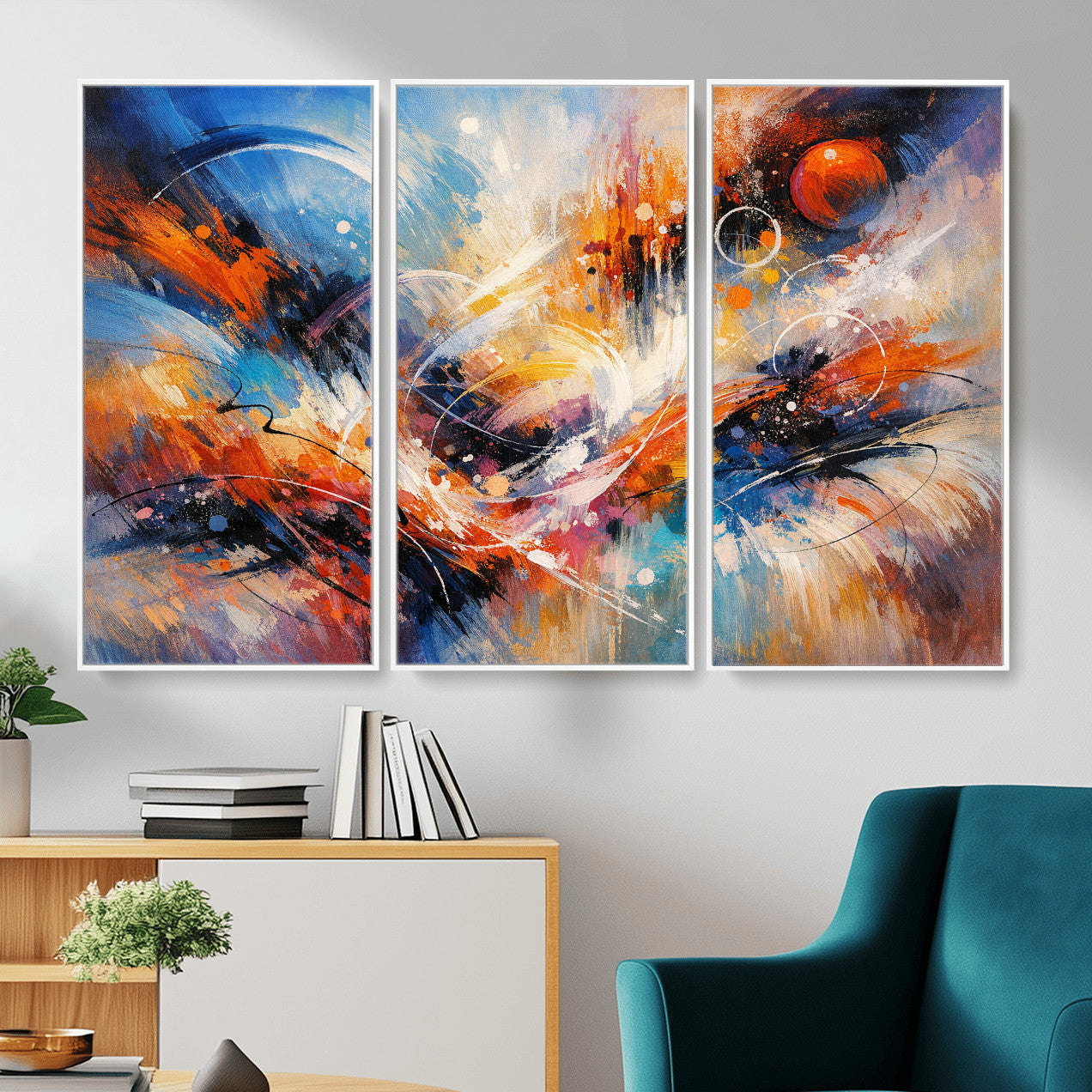 47770355-MGV-CV-36X24 - Geometric Abstract Wall Art Canvas Print, Orange Blue Abstract Expressionist Painting Print, Modern Geometric Abstract Canvas Art