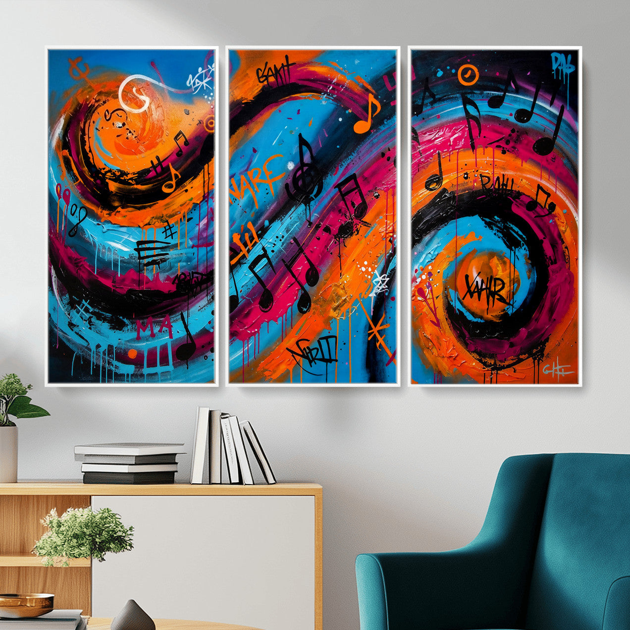 34936518-MGV-CV-36X24 - Geometric Abstract Wall Art Canvas Print, Orange Blue Abstract Expressionist Painting Print, Modern Geometric Abstract Canvas Art