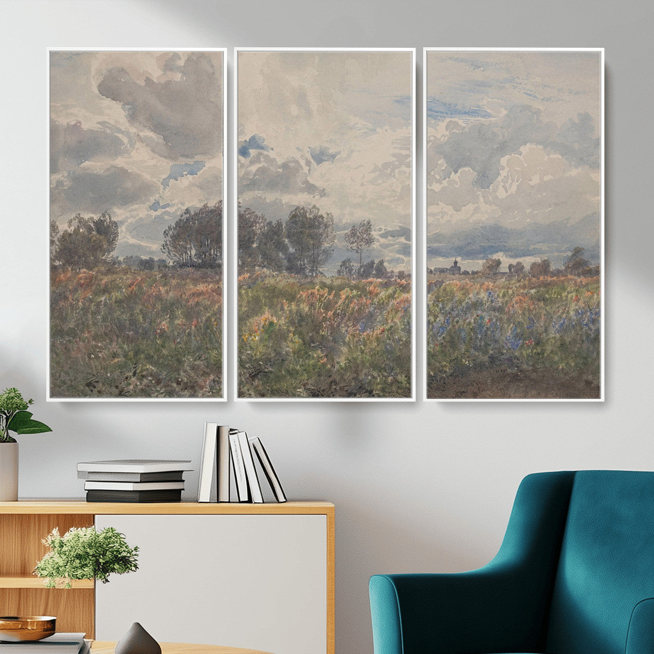 76626885-MGV-CV-36X24 - Vintage Watercolor Meadow Canvas Wall Art — English Pastoral Wildflower Storm Sky Print | Cottagecore Nature Decor | Classic Landscape Gift