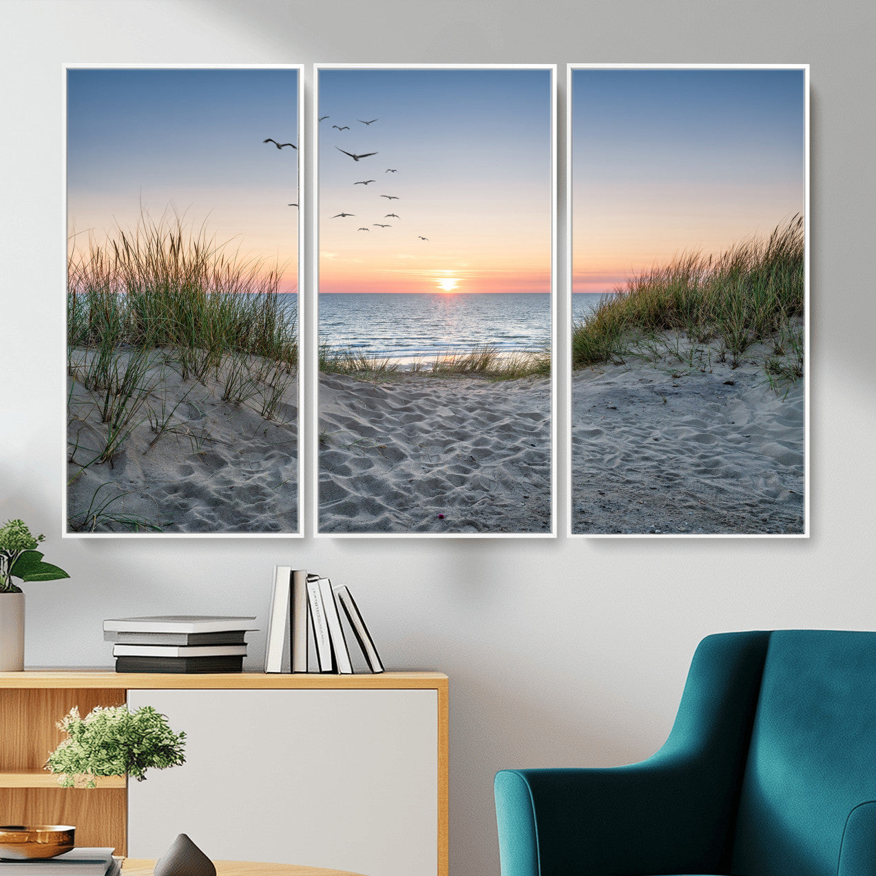 12172032-MGV-CV-36X24 - Sandy Dune Path Sunset Canvas Wall Art — Seagulls Beach Ocean Photography Print | Coastal Home Decor | Nautical Wall Art | Beach House Gift