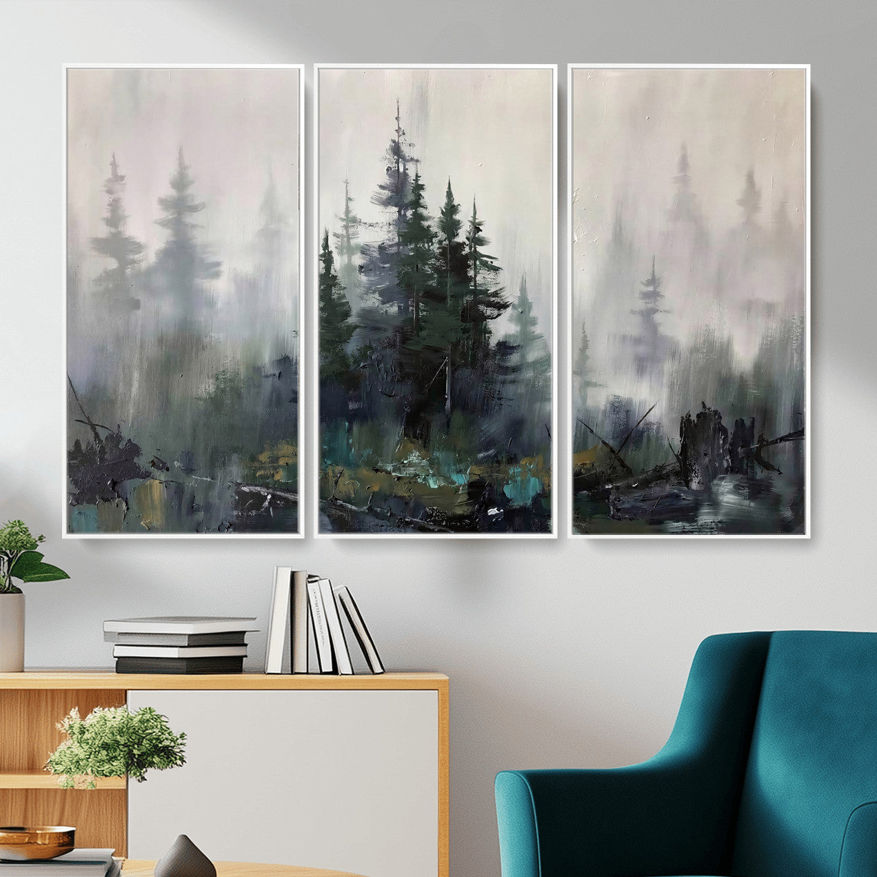 94143325-MGV-CV-36X24 - Misty Pine Forest Oil Painting Canvas — Dark Moody Teal Grey Tree Print | Japandi Scandinavian Wall Art | Minimalist Nature Decor Gift
