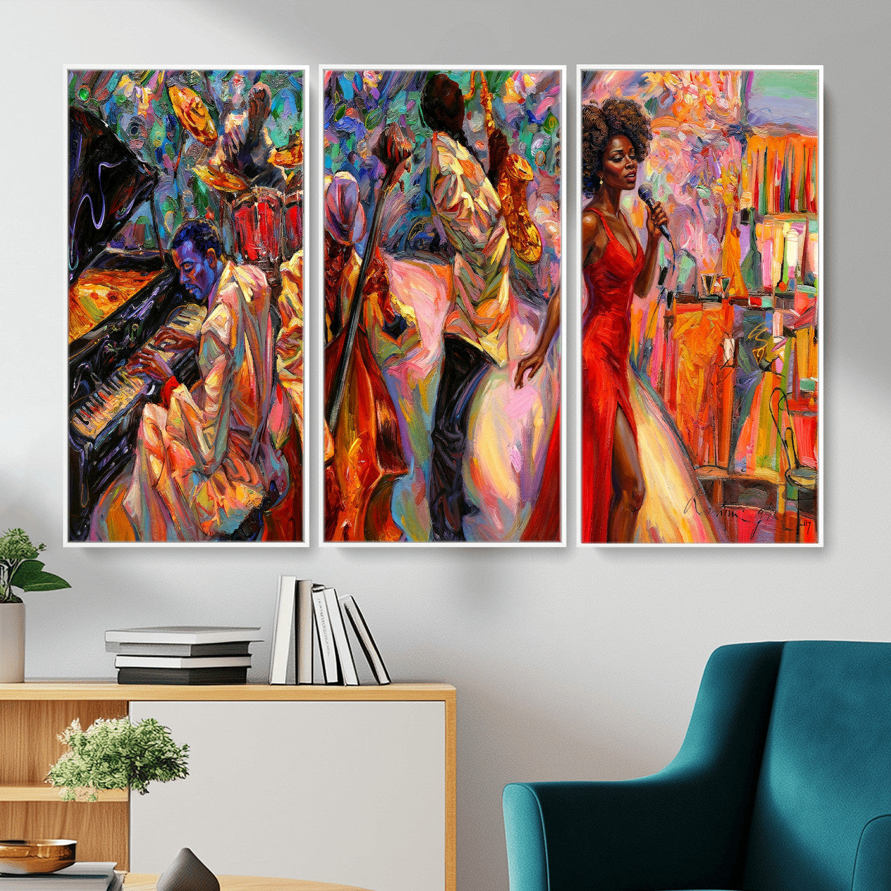 72615137-MGV-CV-36X24 - African American Jazz Singer Canvas Art - Red Dress Black Woman Music Print | Colorful Jazz Band Wall Decor | Living Room Gift for Her