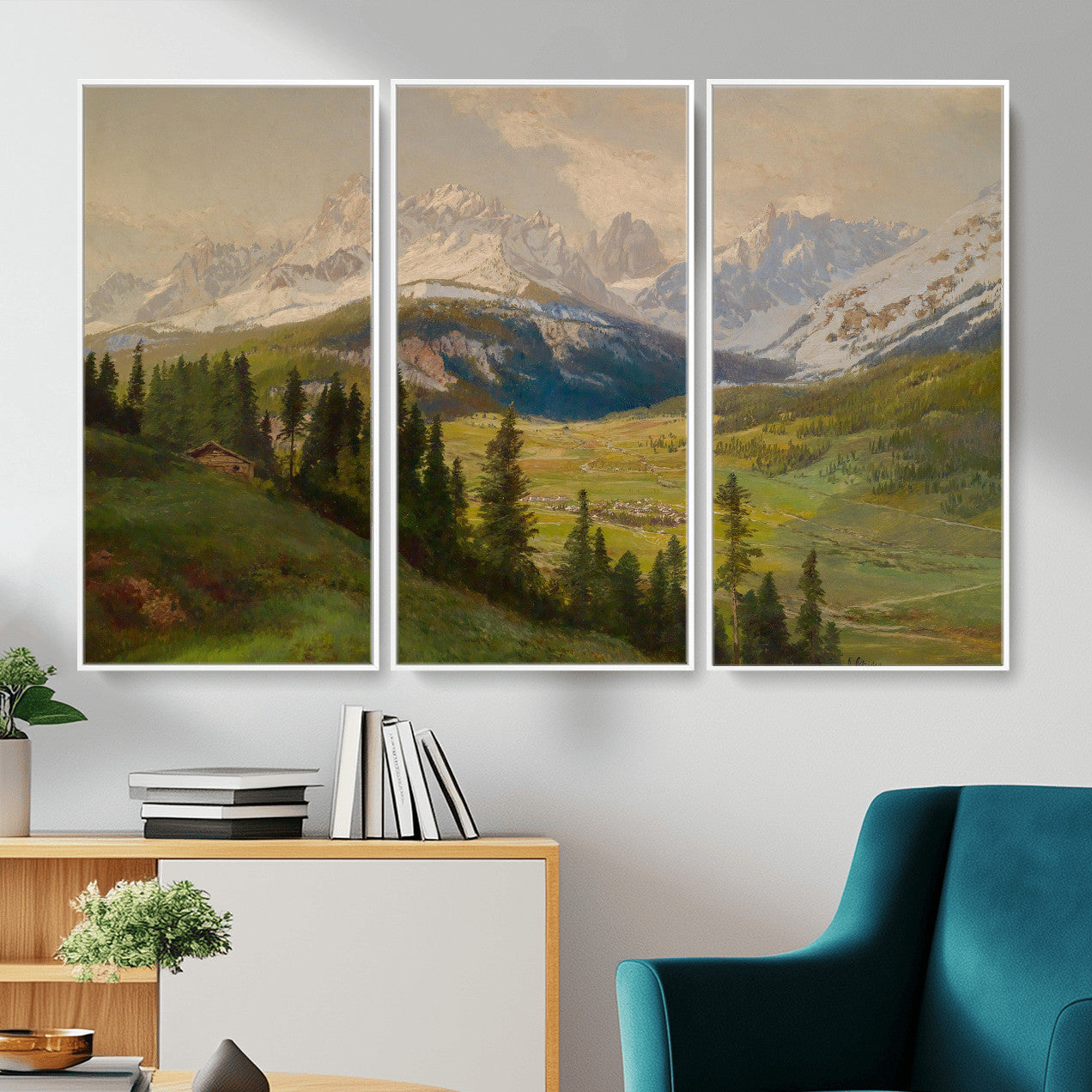 23120262-MGV-CV-36X24 - Konrad Petrides Sexten Village Canvas Print, Alpine Mountain Valley Painting, Dolomites Landscape Art