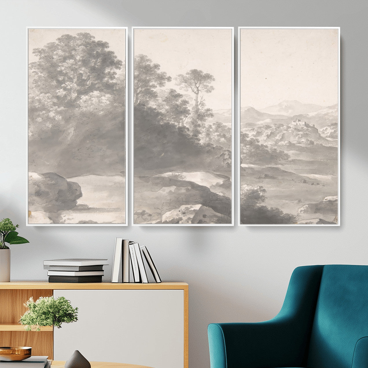 33041209-MGV-CV-36X24 - Van Poelenburch Landscape Canvas Wall Art — Dutch Golden Age Gray Wash Drawing Print | Baroque Italianate Nature Decor | Old Master Classic Gift