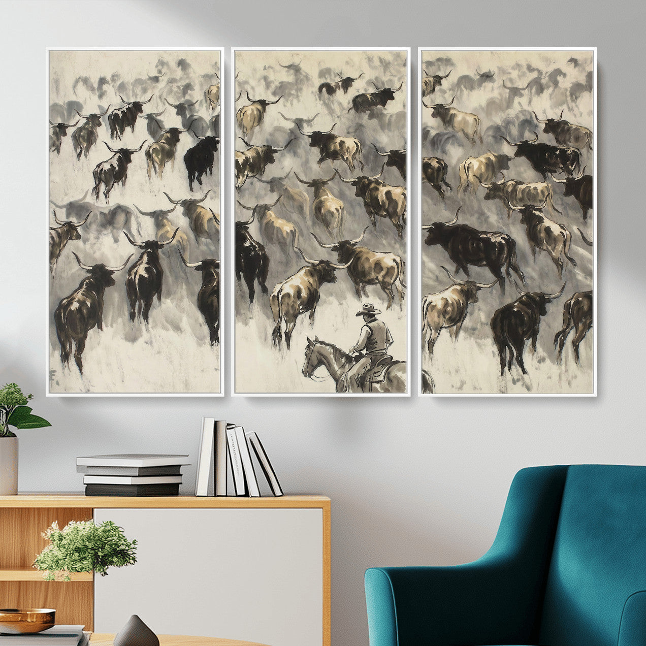 48049876-MGV-CV-36X24 - Cowboy Cattle Drive Canvas Wall Art, Western Longhorn Herd Ink Painting Print, Ranch Rodeo Decor, Black White Western Art, Large Living Room Art