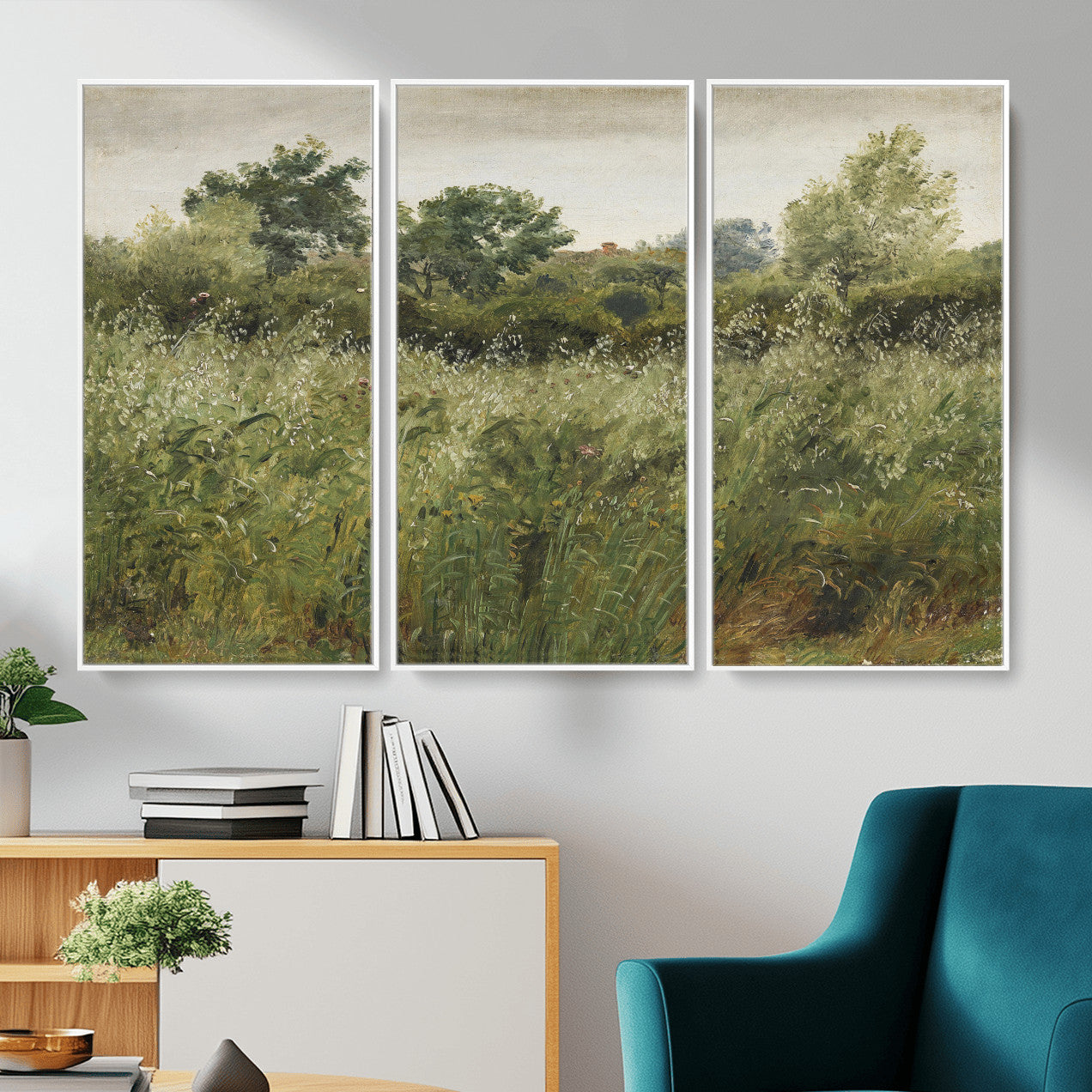 92328261-MGV-CV-36X24 - Wildflower Meadow Canvas Wall Art, Impressionist Overgrown Field Painting Print, Vintage Green Nature Decor, Cottagecore Botanical Art, Living Room Print