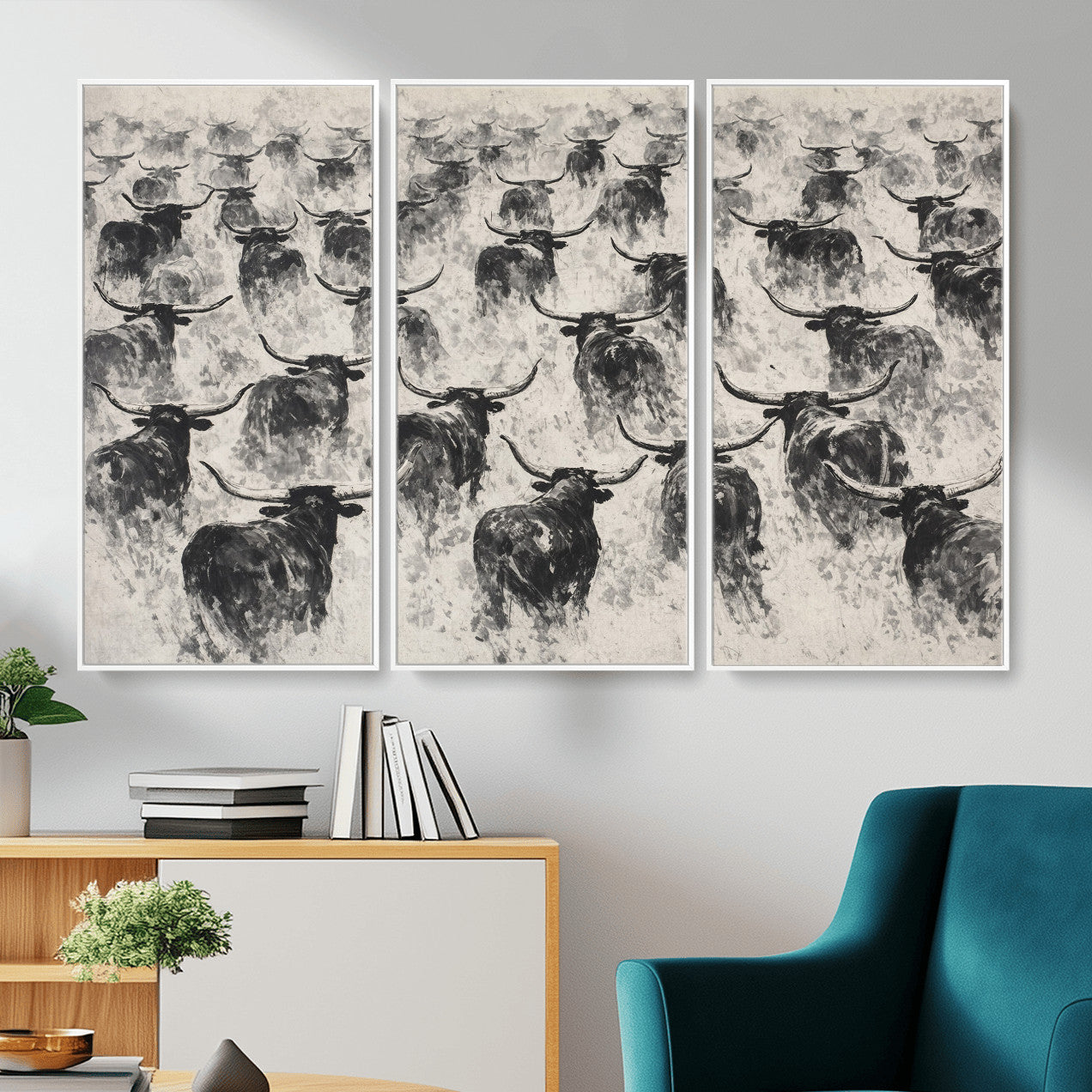 73328525-MGV-CV-36X24 - Texas Longhorn Drawing Canvas Wall Art, Western Cattle Stampede Painting Print, Warm Amber Ranch Decor, Rustic Cowboy Home Art, Large Living Room Decor