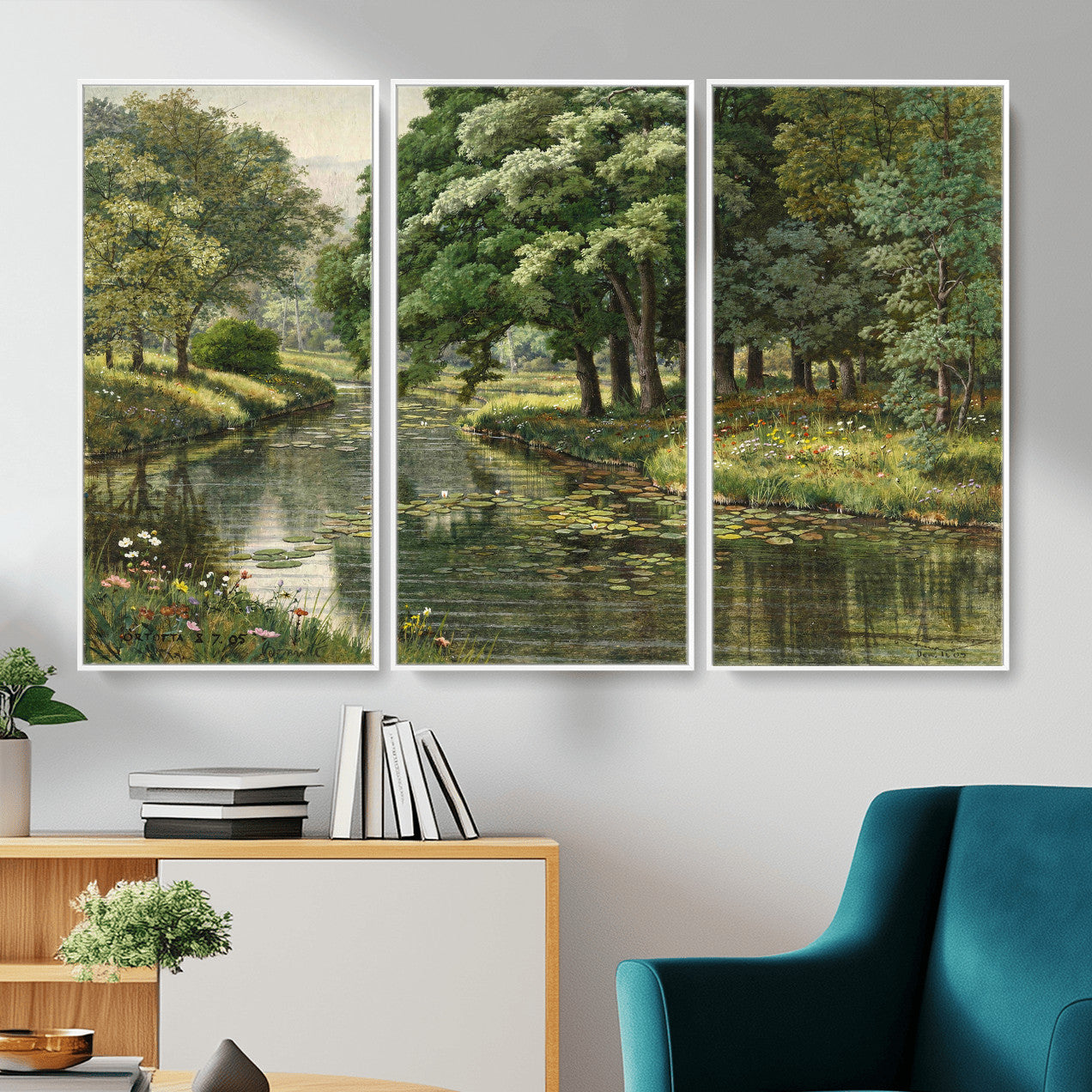 44288560-MGV-CV-36X24 - Forest Stream Canvas Wall Art, Peder Monsted A Forest Stream 1905 Print, Danish Realist Landscape, Lily Pad River Nature Decor, Vintage Green Painting