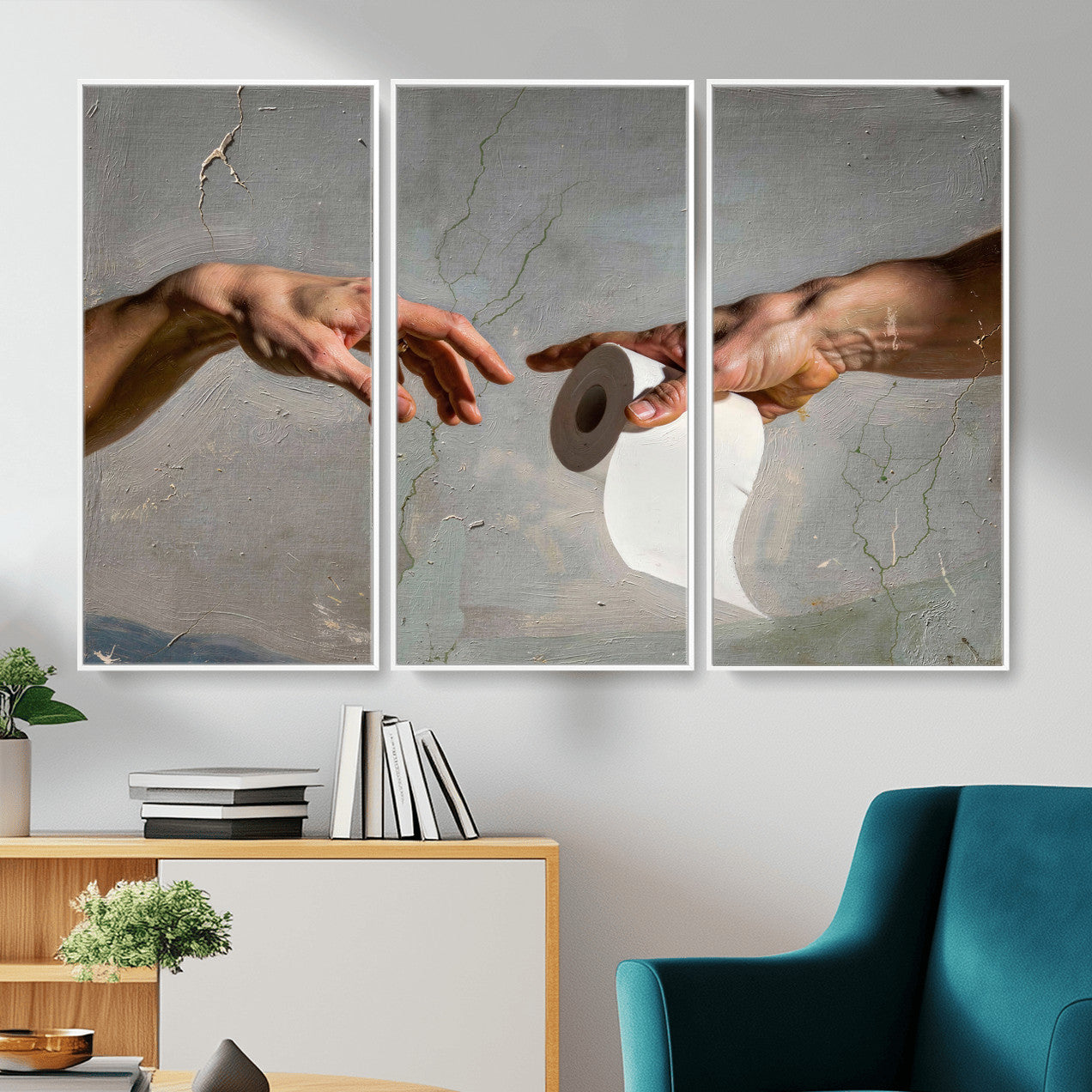 72030048-MGV-CV-36X24 - Funny Bathroom Wall Art Canvas, Creation of Toilet Paper Parody Print, Renaissance Humor Decor, Toilet Room Art, Quirky Housewarming Gift, Classic Art Spoof