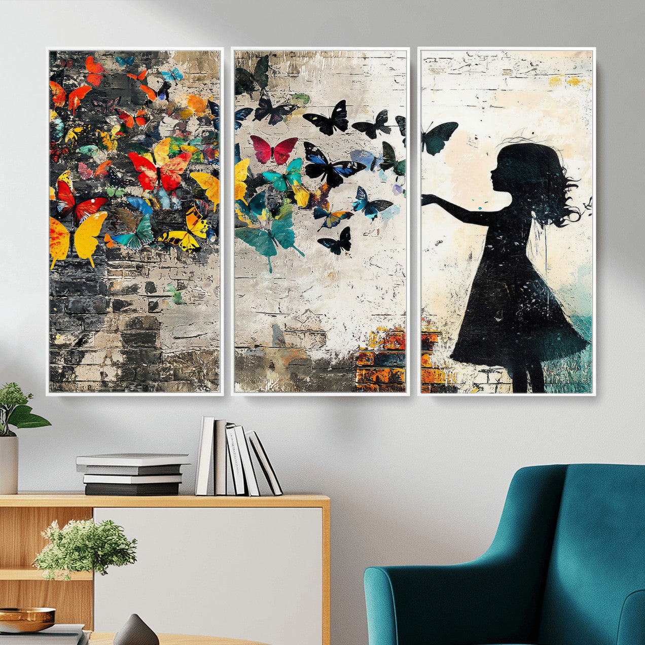 33909022-MGV-CV-36X24 - Banksy Butterfly Girl Wall Art Canvas Print, Framed Street Art Silhouette Graffiti Artwork, Colorful Butterfly Wall Decor for Living Room Bedroom Office