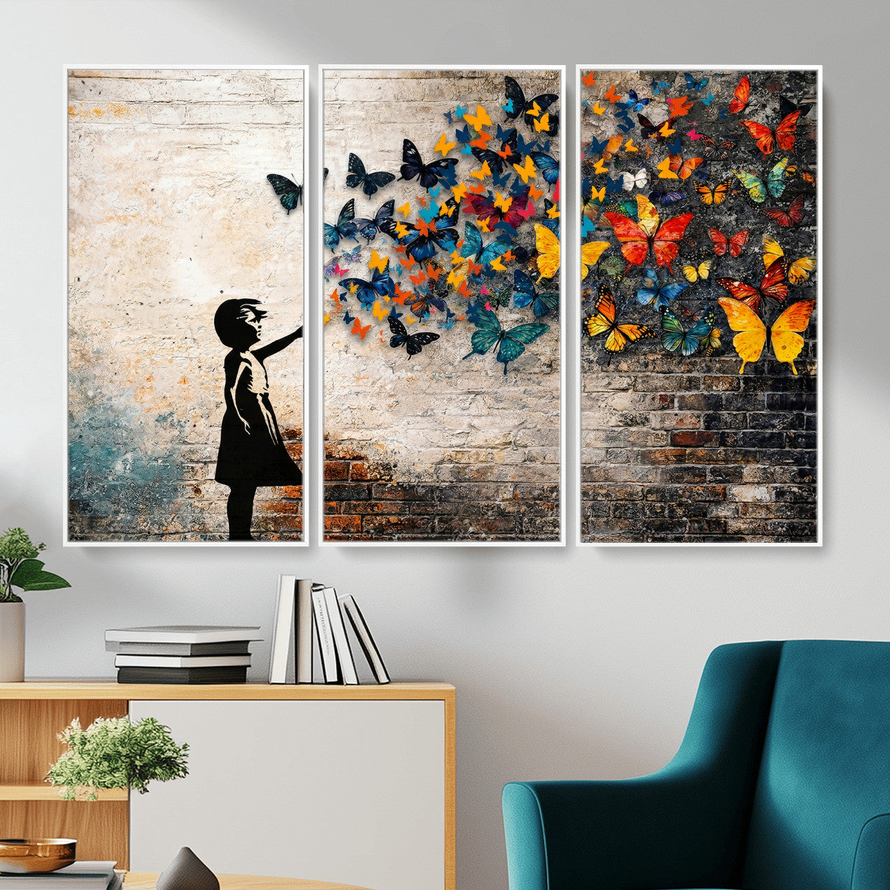 78760384-MGV-CV-36X24 - Banksy Graffiti Butterfly Girl Wall Art Canvas Print, Framed Street Art Canvas Print, Silhouette Butterfly Wall Art for Living Room Bedroom Office