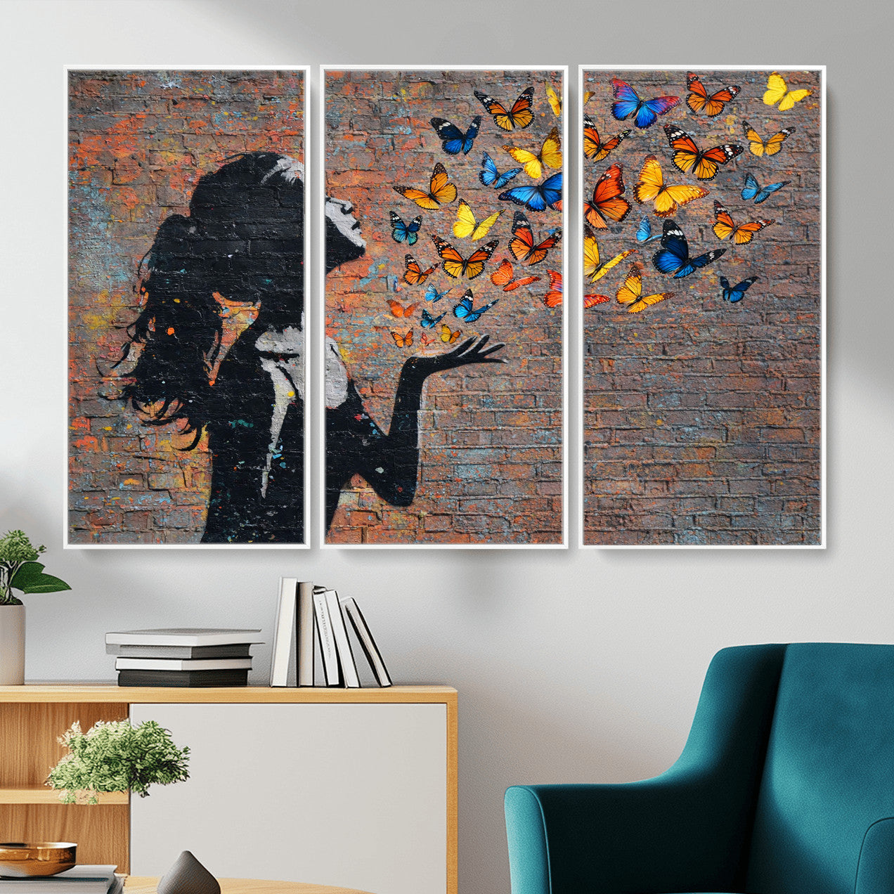 10555939-MGV-CV-36X24 - Urban Banksy Butterfly Girl Wall Art Canvas Print, Framed Street Art Canvas Print, Graffiti Silhouette Butterfly Wall Art for Living Room Bedroom Office