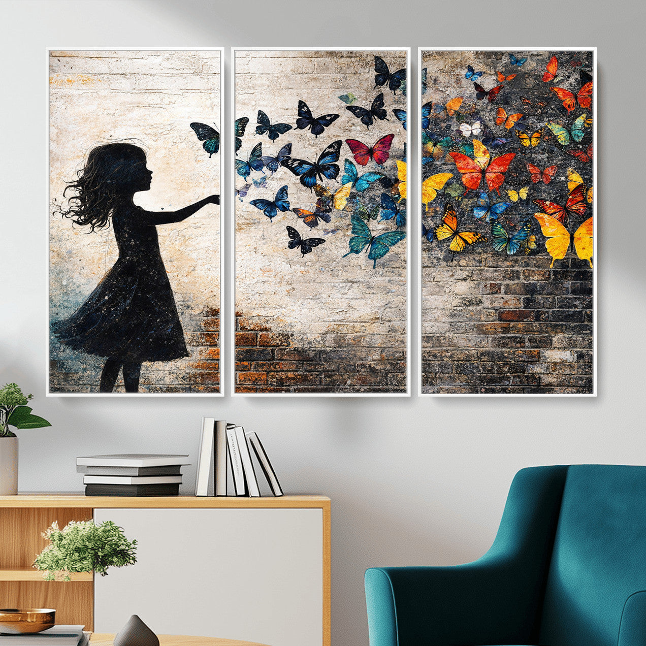 70522594-MGV-CV-36X24 - Banksy Butterfly Girl Wall Art Canvas Print, Framed Street Art Canvas Print, Graffiti Silhouette Butterfly Wall Art for Living Room Bedroom Office
