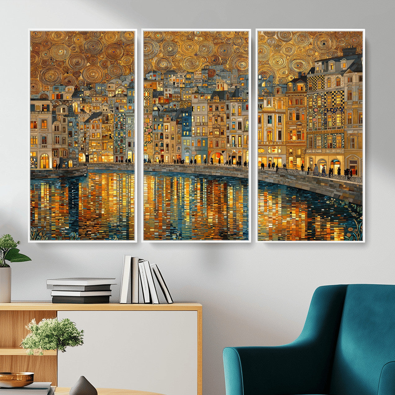 94022787-MGV-CV-36X24 - Gustav Klimt Golden Cityscape Wall Art Canvas Print, Framed River Town Landscape Artwork, Ornate Architecture Wall Decor for Living Room Bedroom Office