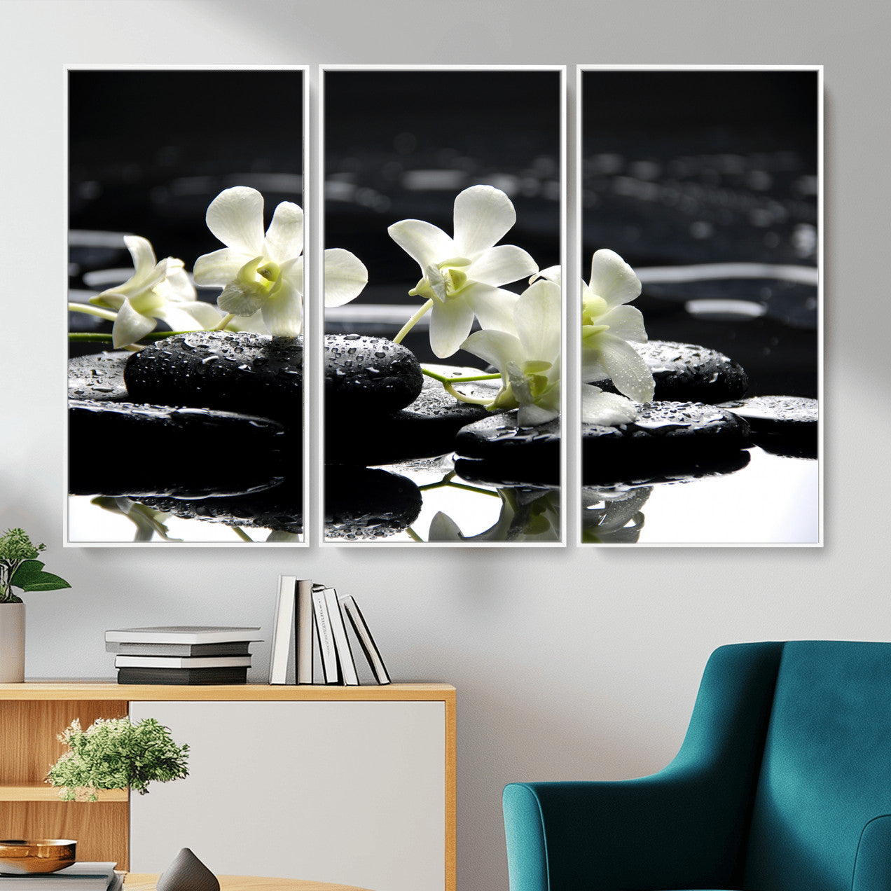79486206-MGV-CV-36X24 - Plumeria Frangipani Black Stone Canvas | White Flower Spa Photography Print | Tropical Zen Wall Art | Grey Pebble Floral for Meditation Room Decor