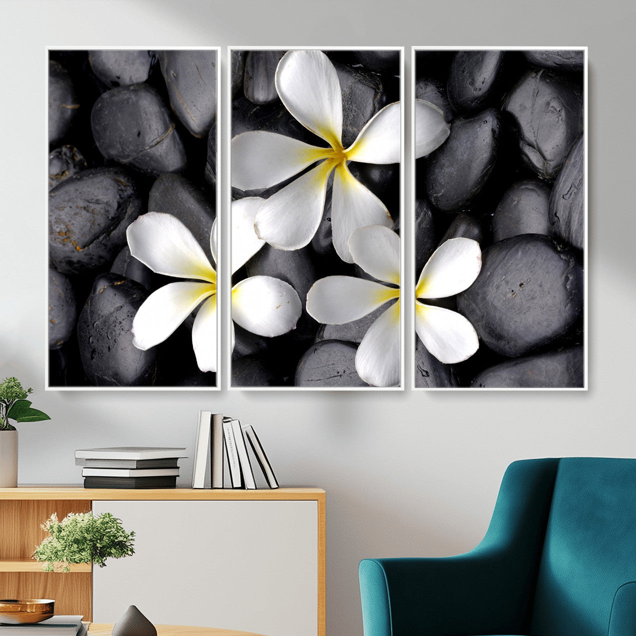 43639613-MGV-CV-36X24 - Plumeria Frangipani Black Stone Canvas | White Flower Spa Photography Print | Tropical Zen Wall Art | Grey Pebble Floral Decor