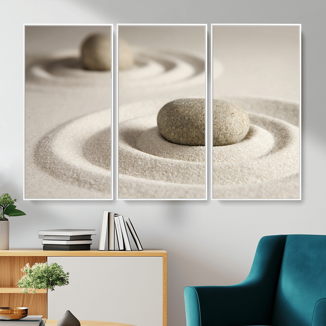 13397966-MGV-CV-36X24 - Zen Garden Stone Sand Canvas | Japanese Rock Garden Wall Art | Minimalist Meditation Print | Neutral Beige Mindfulness Decor