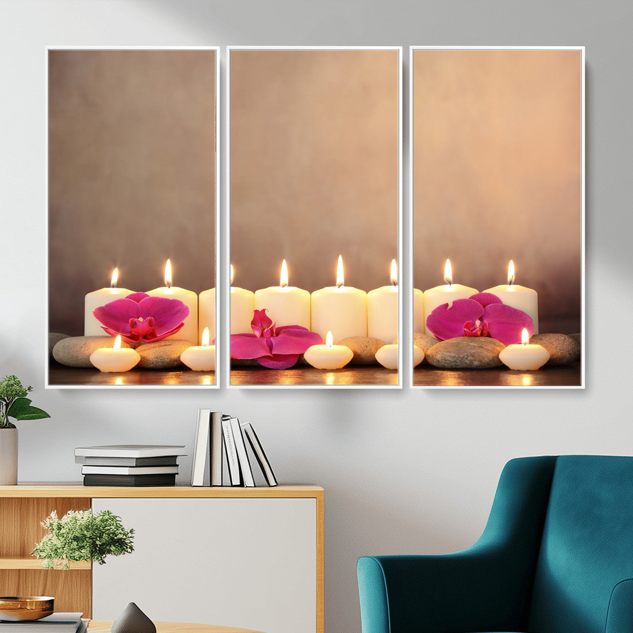 59470569-MGV-CV-36X24 - Spa Candles Orchid Canvas Print | Zen Wellness Relaxation Wall Art | Pink Flower Candlelight Bathroom Decor | Calm Beige Photography