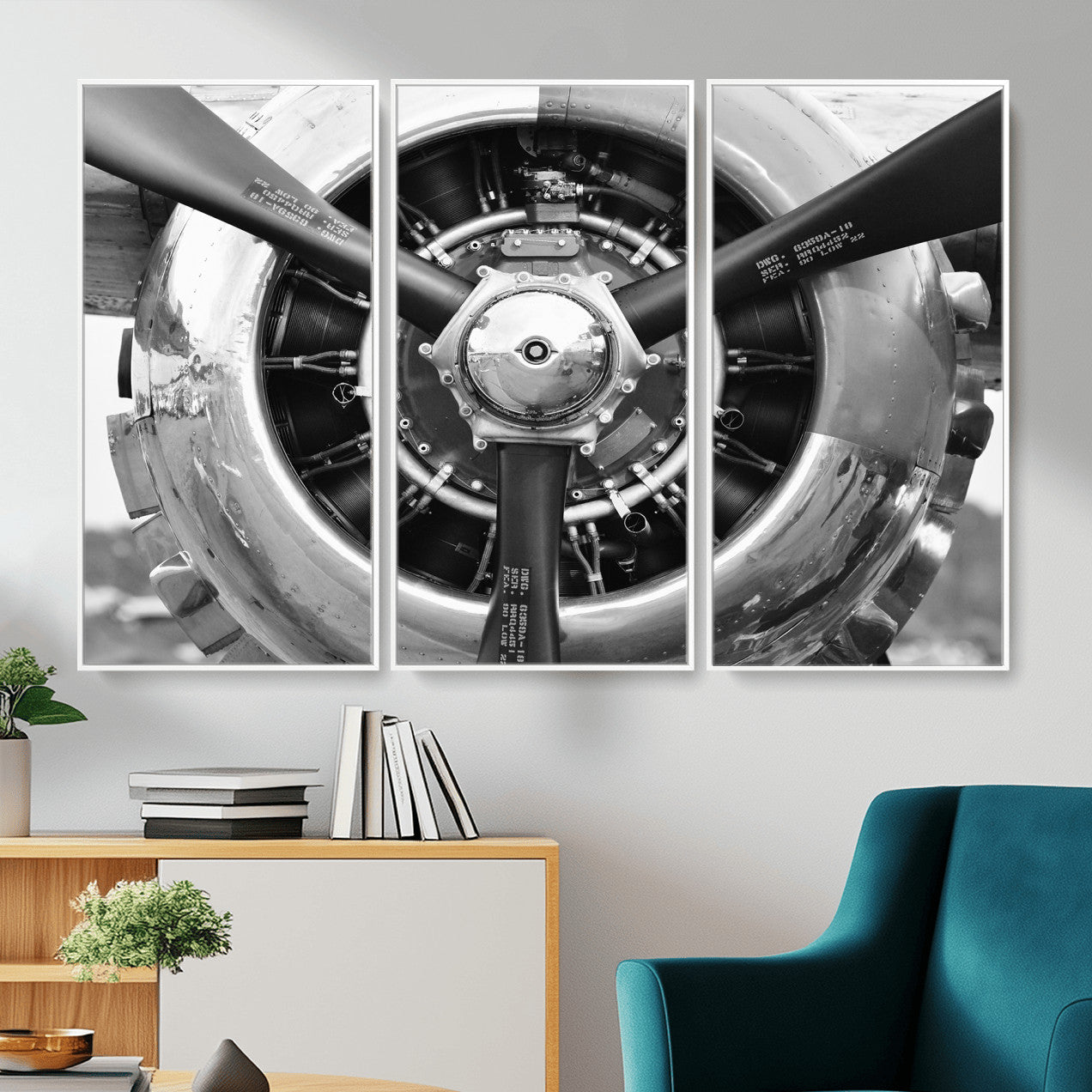 73322230-MGV-CV-36X24 - Vintage Propeller Plane Wall Art Canvas Print, Black and White Airplane Engine Close Up Framed Aviation Artwork for Pilot Office Hangar Decor