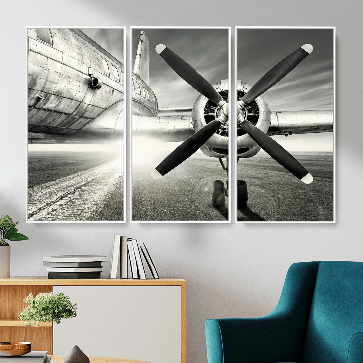 16420255-MGV-CV-36X24 - Vintage Airplane Wall Art Canvas Print, Black and White Propeller Aircraft Framed Aviation Artwork for Pilot Office Hangar Living Room Decor