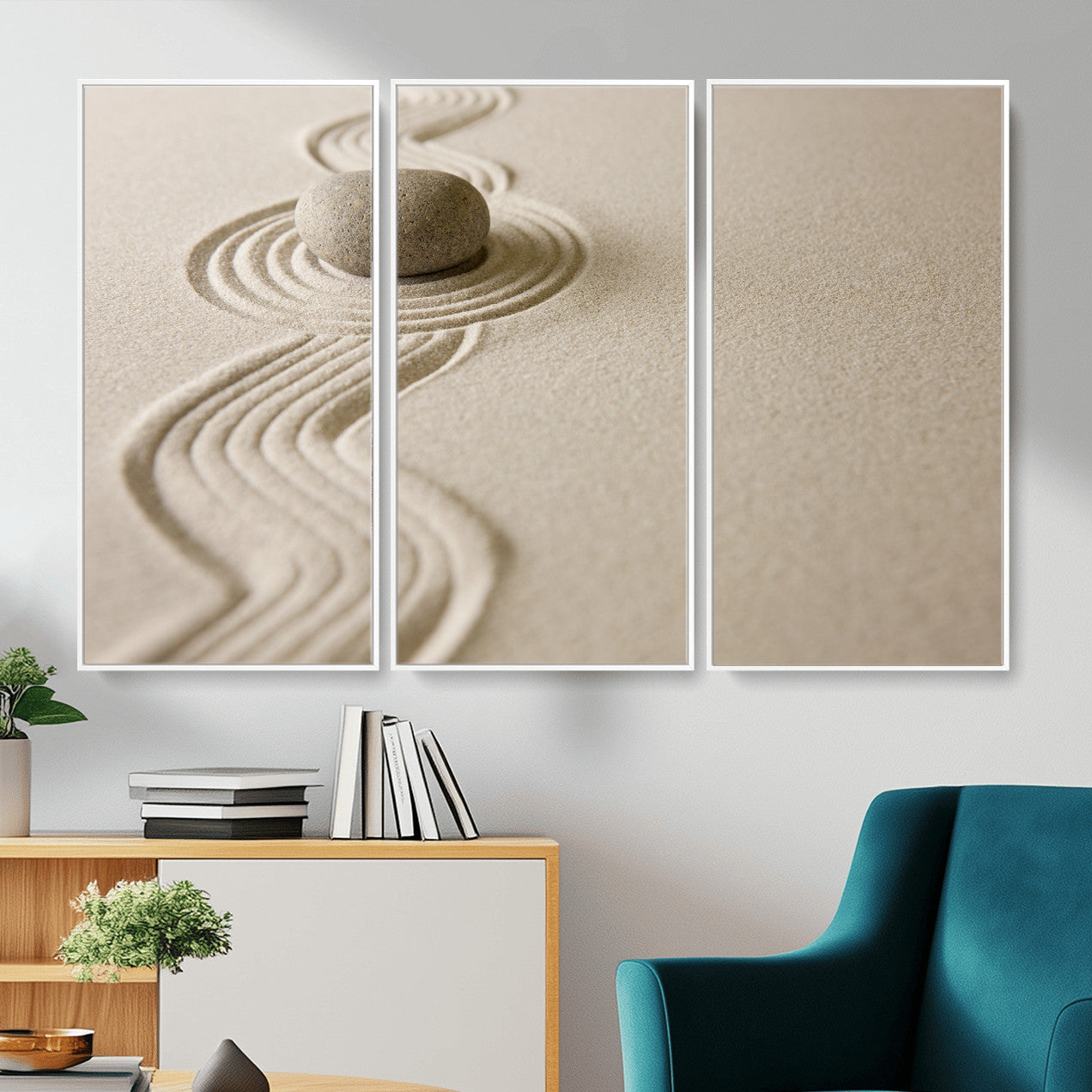 66852661-MGV-CV-36X24 - Zen Garden Stone Sand Canvas | Japanese Rock Garden Wall Art | Minimalist Meditation Print | Neutral Beige Mindfulness Decor