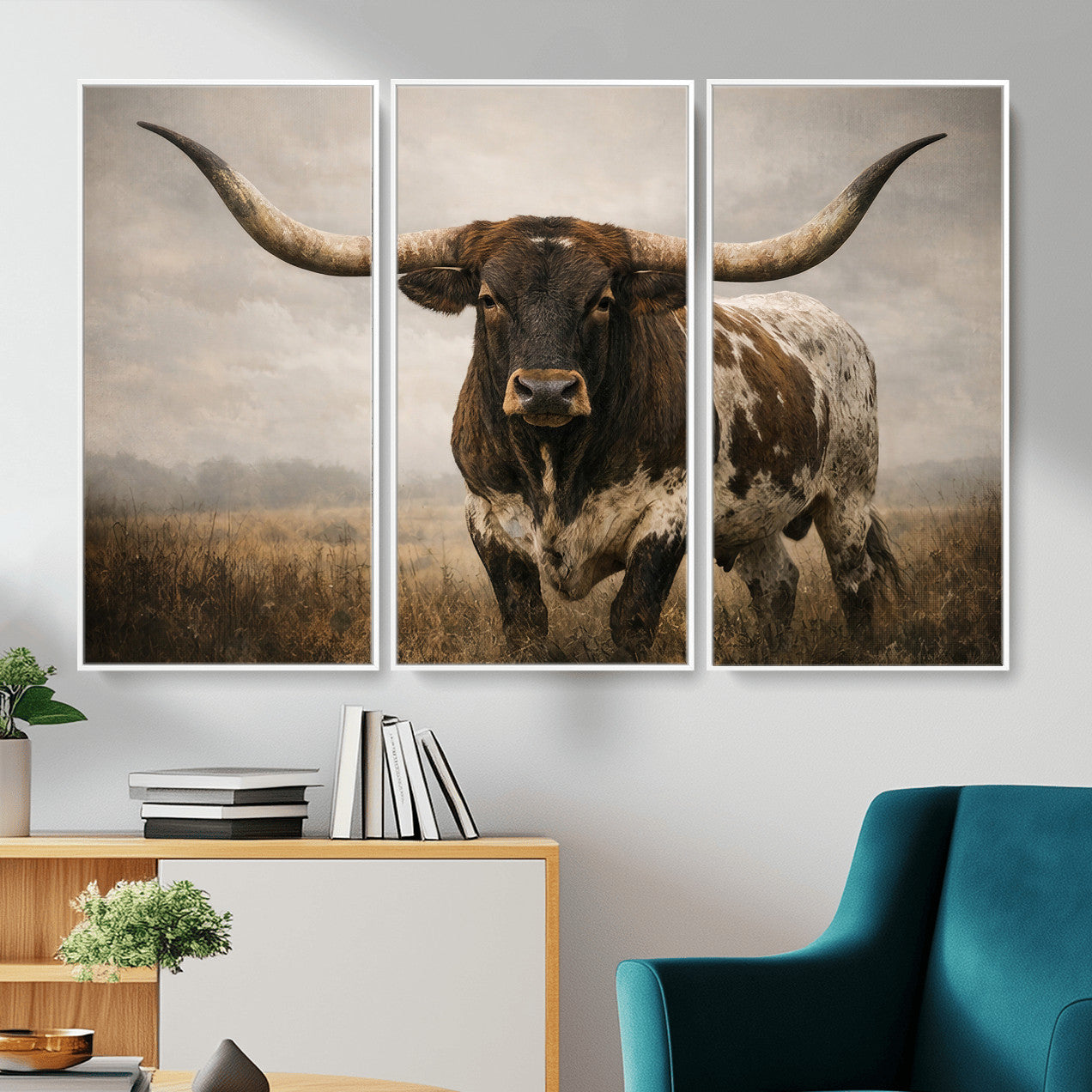 17622011L-MGV-CV-36X24 - Longhorn Bull Wall Art Canvas Print, Western Farmhouse Cowboy Decor, Rustic Texas Ranch Cattle Artwork for Living Room Bedroom Office, Framed Wall Decor