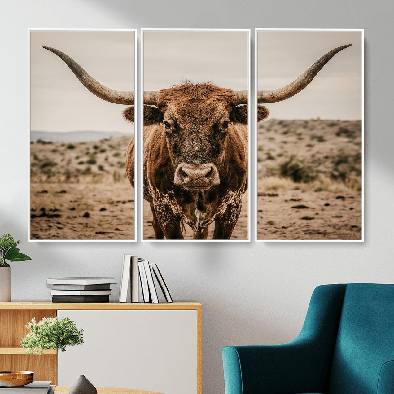 17622011K-MGV-CV-36X24 - Texas Longhorn Bull Wall Art Canvas Print, Western Farmhouse Cowboy Decor, Rustic Texas Ranch Cattle Artwork for Living Room Bedroom Office, Framed Wall Decor