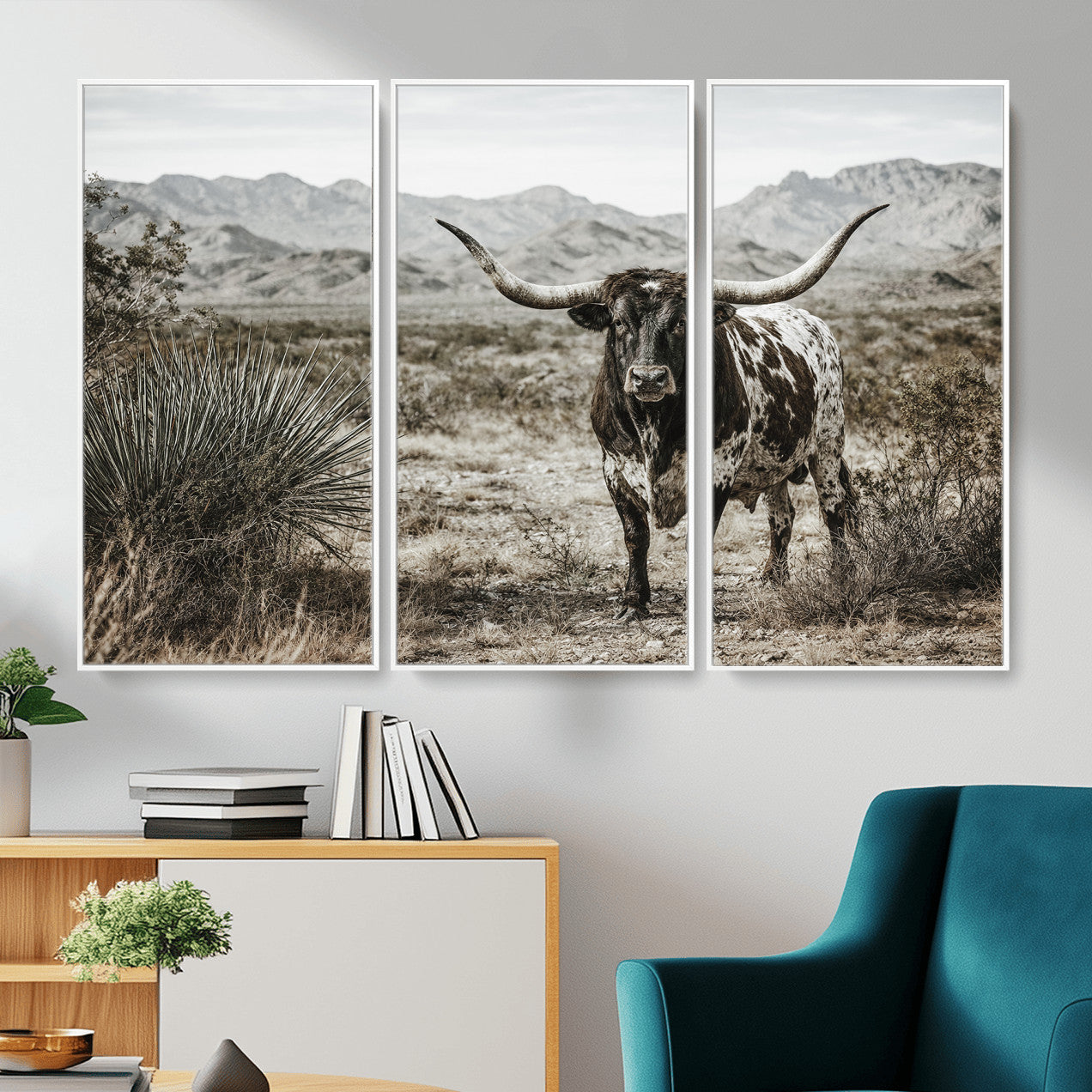 17622011H-MGV-CV-36X24 - Texas Longhorn Bull Wall Art Canvas Print, Western Farmhouse Cowboy Decor, Rustic Texas Ranch Cattle Artwork for Living Room Bedroom Office, Framed Wall Decor