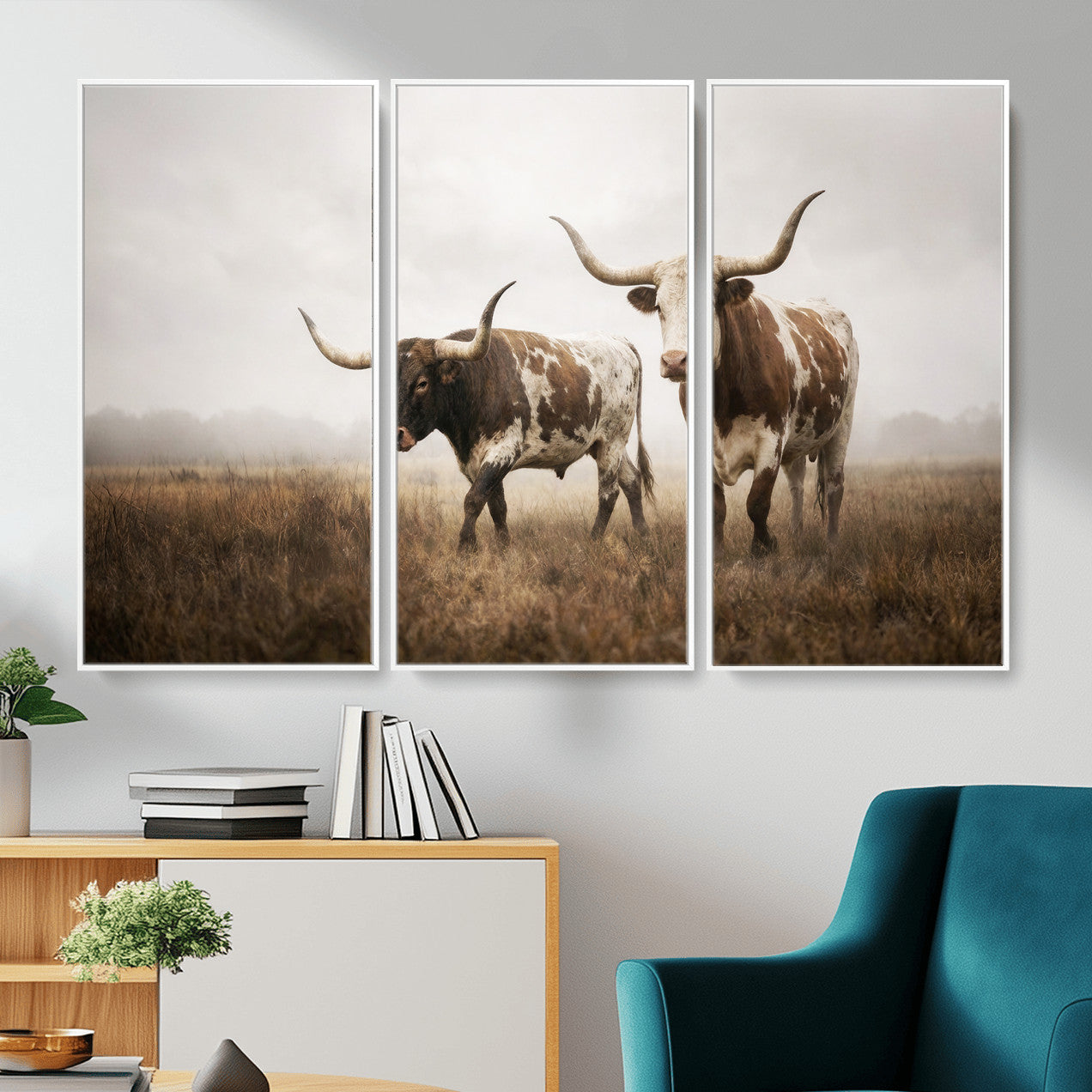 92881702-MGV-CV-36X24 - Texas Longhorn Canvas Wall Art Western Bull Desert Moody Grey Overcast Rustic Farmhouse Framed Large for Living Room Bedroom Office Decor