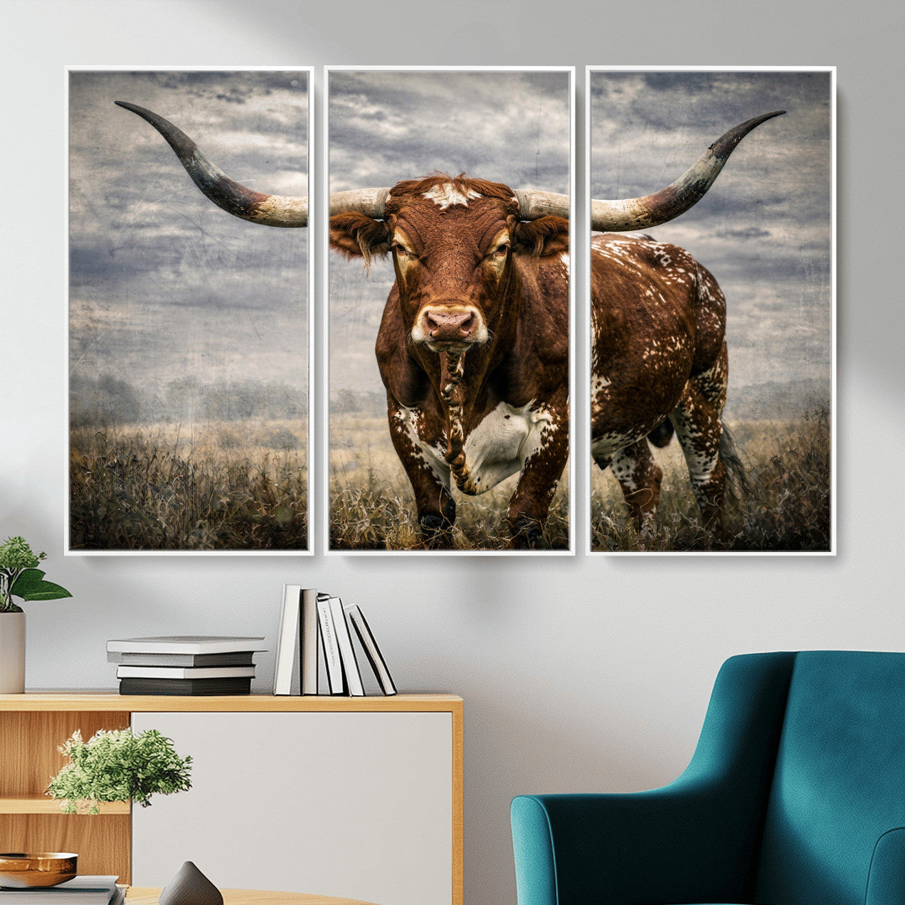 14372769-MGV-CV-36X24 - Texas Longhorn Canvas Wall Art Western Bull Desert Moody Grey Overcast Rustic Farmhouse Framed Large for Living Room Bedroom Office Decor