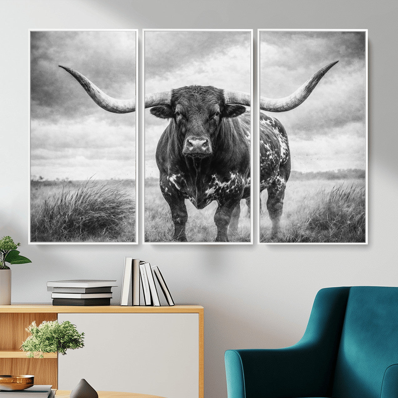 19951238-MGV-CV-36X24 - Texas Longhorn Canvas Wall Art Western Bull Desert Moody Grey Overcast Rustic Farmhouse Framed Large for Living Room Bedroom Office Decor