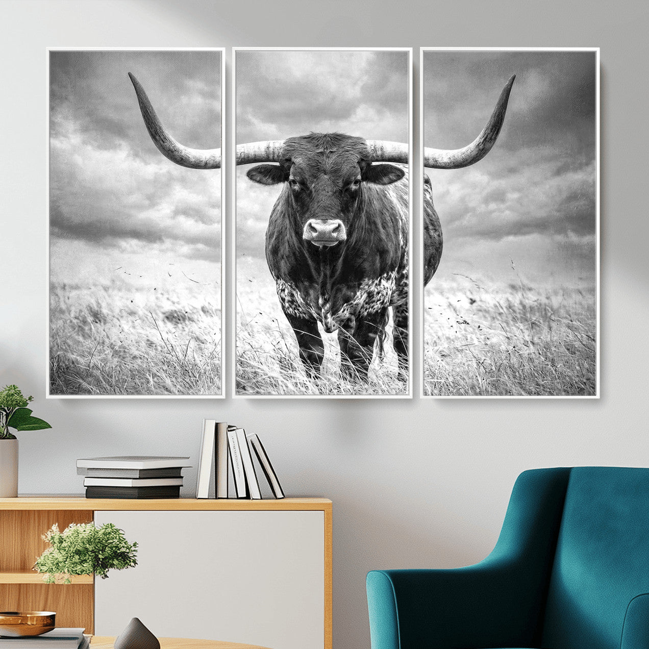63336115-MGV-CV-36X24 - Texas Longhorn Canvas Wall Art Western Bull Desert Moody Grey Overcast Rustic Farmhouse Framed Large for Living Room Bedroom Office Decor